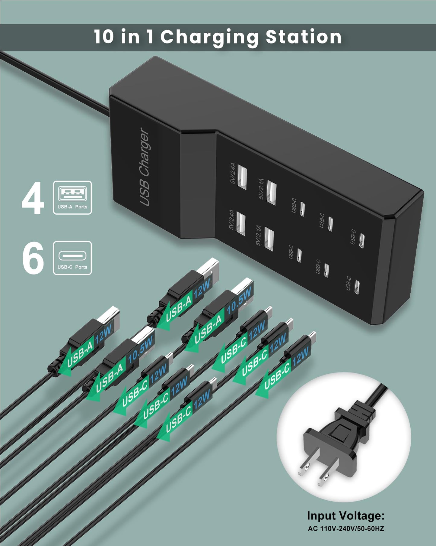 USB C Charger Block 10-Port USB-C Charging Station 6 USBC Ports & 4 USB-A Ports Total 50W USB Power Strip for Multi Devices for iPhone 16 17 15 14 13