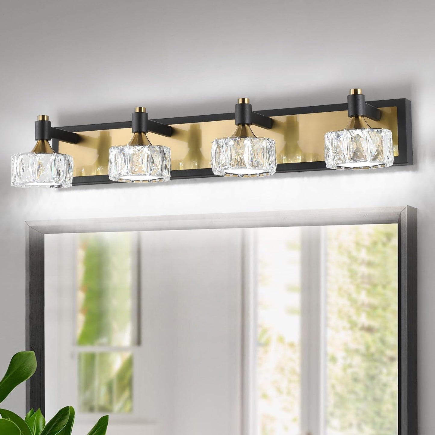 Bicrink 4 Light Bathroom Vanity Light, Dimmable Crystal Modern Bathroom Light Fixtures Over Mirror, Gold and Black Modern Vanity Light, Elegant Water