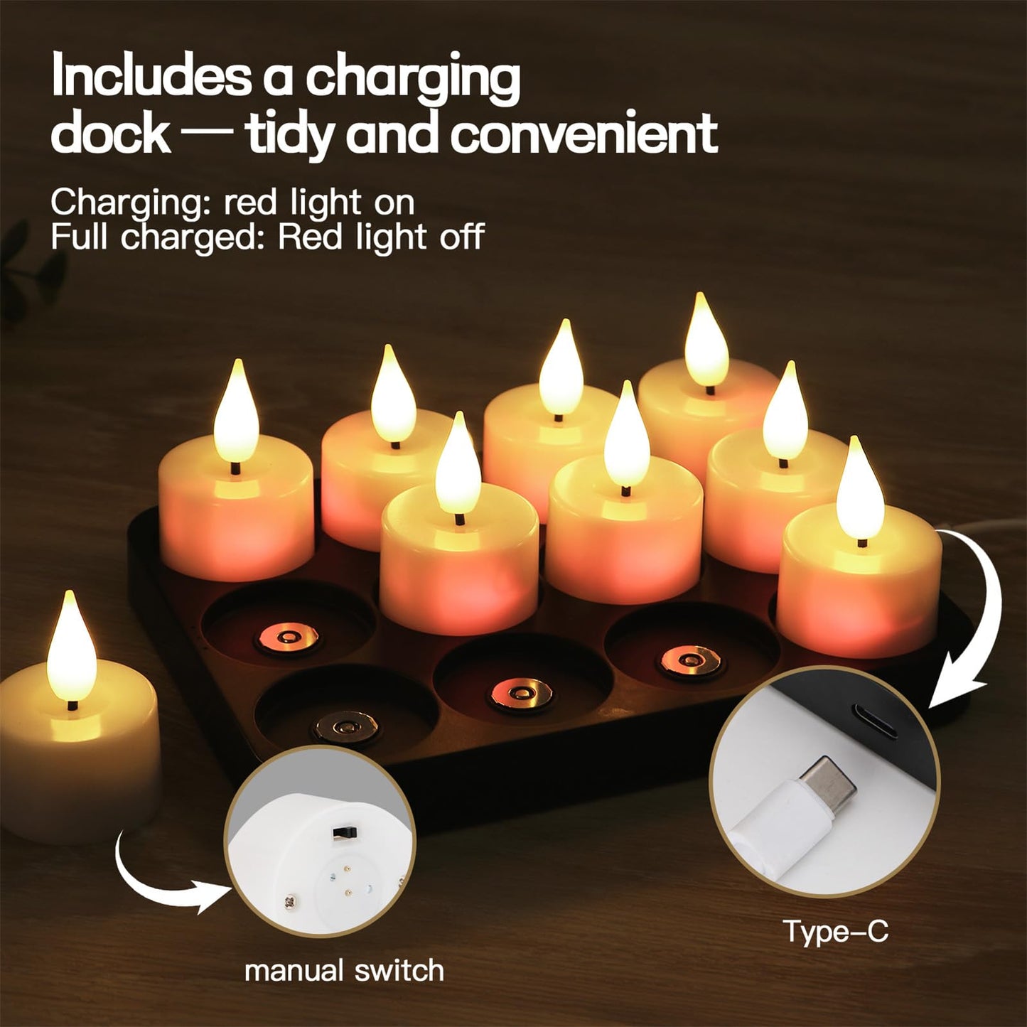 FPOO Rechargeable Candles tealights 12 Pack, Electric Tea Lights with Type-C Charging Base, 60-Hour Ultra Runtime, 2 inch Votive Candle with Remote