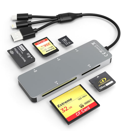 Memory Stick pro Duo Adapter - 5 in 1 SD/TF/MS/CF/XD Card Reader for PC/Android/Lightning Device, Aluminum Multi Memory Card Reader USB C Lightning