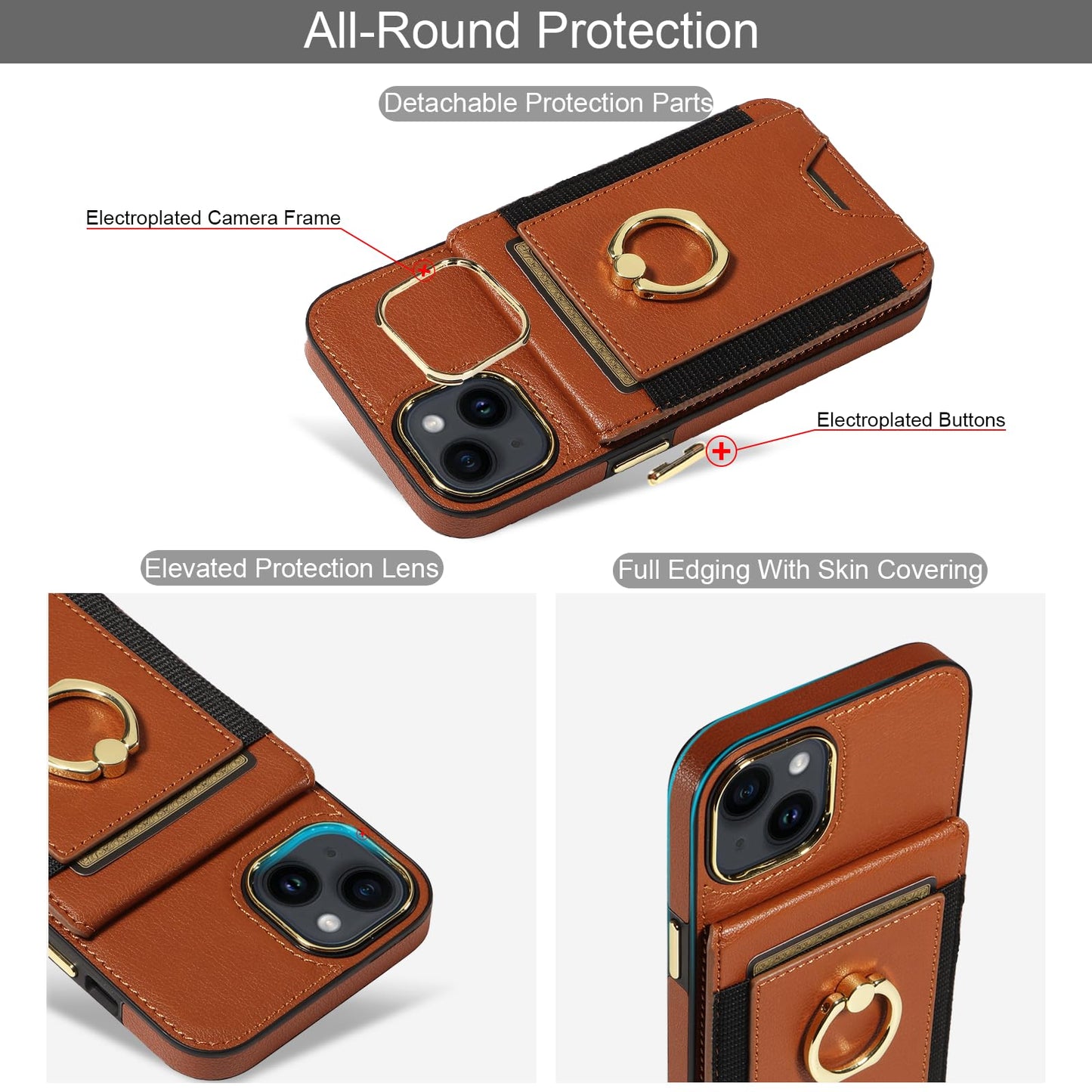 S. Tedazo for iPhone 15 Wallet Case with Credit Card Holder and 360° Rotation Ring Stand, RFID Block Flip Leather Shockproof Cover for iPhone 15-Brown
