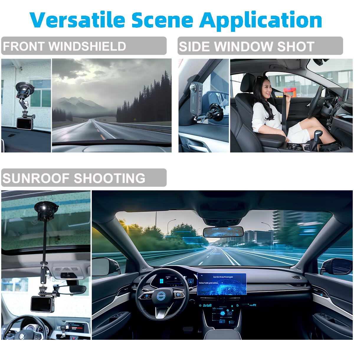 Suction Cup Mount for Insta360 One X5 X4 X3 X2 Go3, Car Windshield Window Sunroof Mount with Phone Holder Adapter Compatible with GoPro Hero 12 11 10