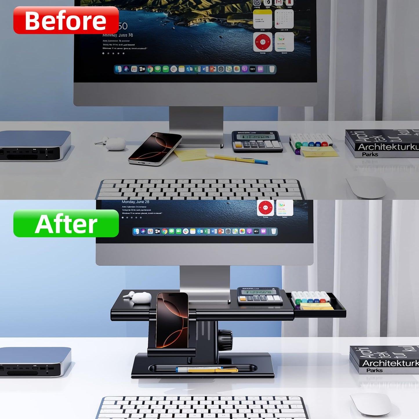 nediea Computer Monitor Stand Riser,Height Adjustable Laptop Stand with Drawer & Phone Holder,Desktop Storage Stand for Printer,Desk Organizer