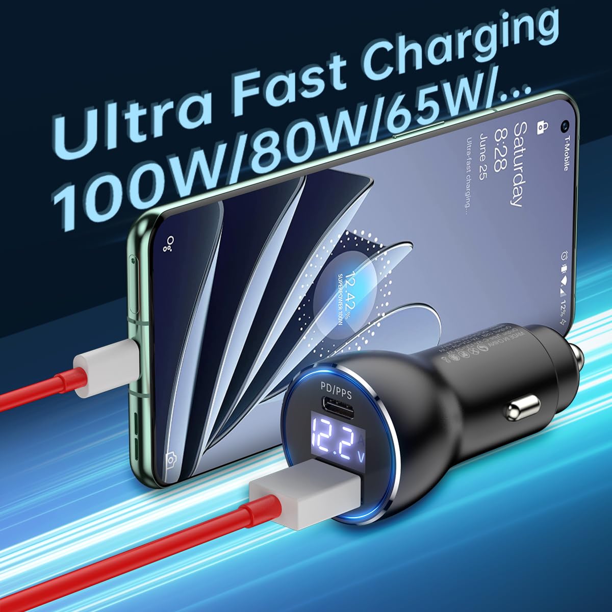 for One Plus Car Charger Super 100W 80W 65W Charge for OnePlus 15 15R 13 12 13R 12R 11 10 Pro 9 10T 8T 8 7T 7 Open Pad Nord CE 3 4 N20 N100 N300, 25W