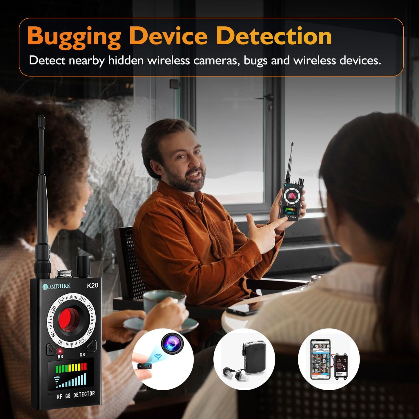 JMDHKK Hidden Camera Detector, Bug Detector, Magnetic Field Detector for Privacy Protection Listing Device in Hotel (Black)