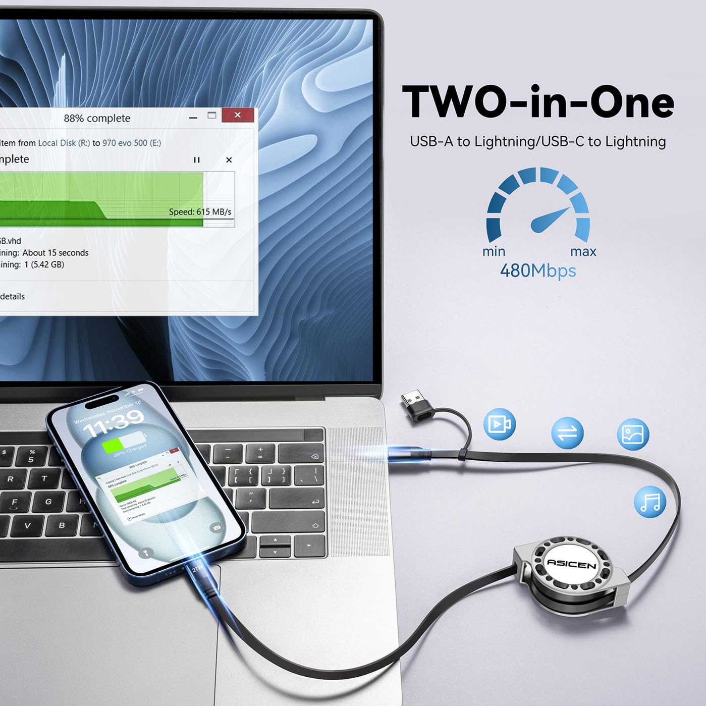 3-in-1 Retractable Charging Cable USB C Lightning Adapter USB A/C to Lightning Cable 27W PD [Fast Charging & Data Sync] Multiple Charger for iPhone…
