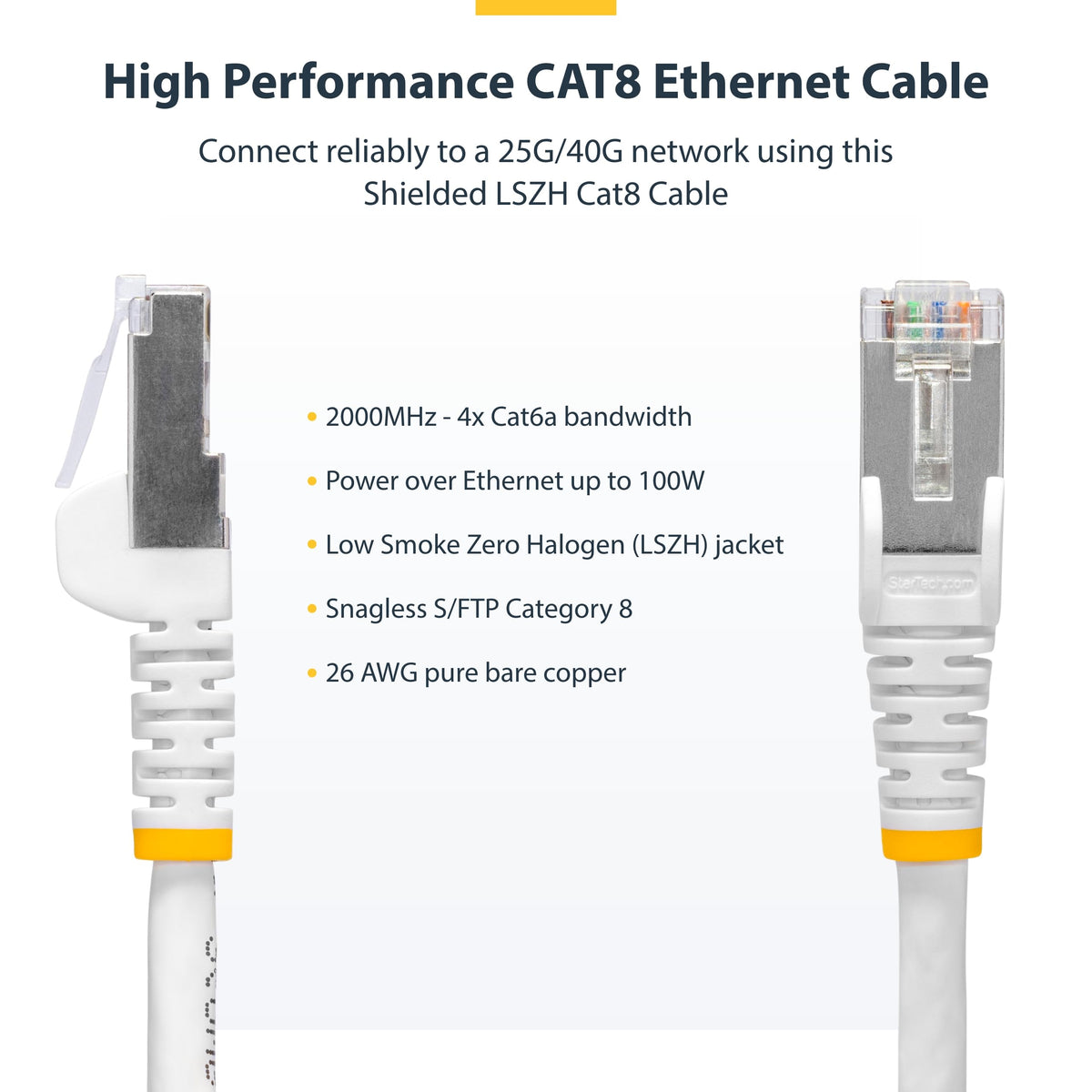StarTech 20ft Cat8 Snagless Ethernet Cable, S/FTP, 100W PoE++, White, LSZH