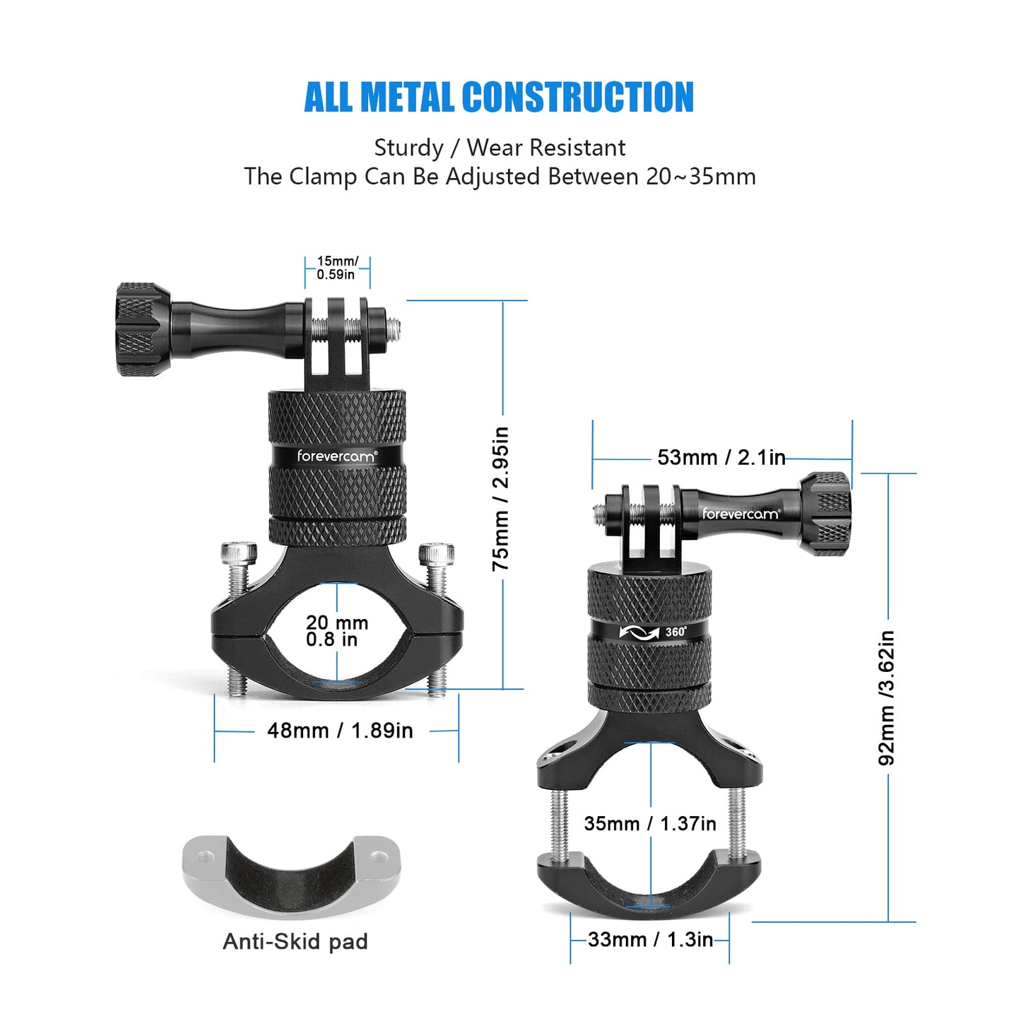 Forevercam Bike Handlebar Mount for Gopro Hero 13 12 11 10 9 8 DJI Osmo Insta360 AKASO and Other Action Camera Aluminum Motorcycle Handlebar Mount