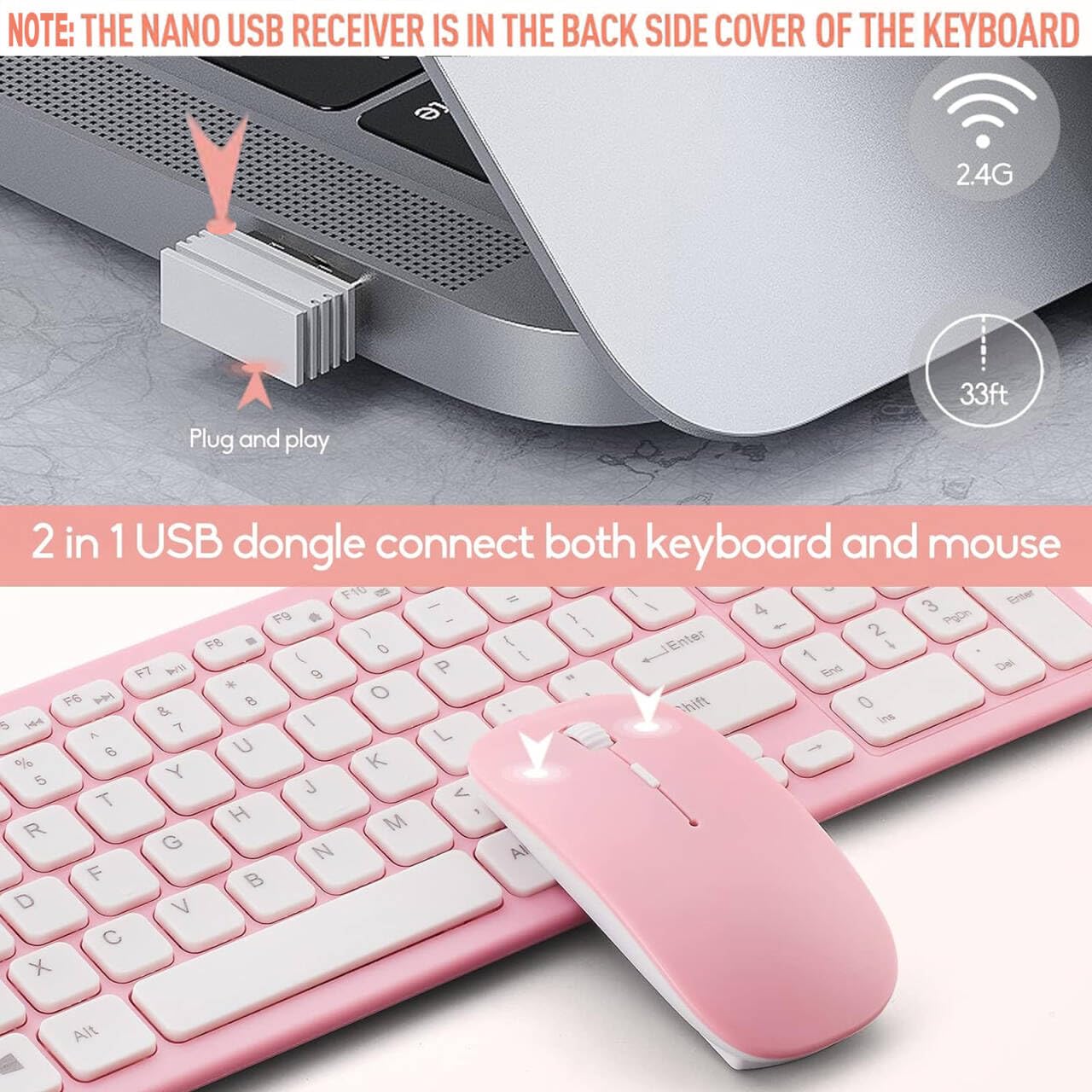 Wireless Keyboard and Mouse Combo, Compact Quiet Wireless Keyboard and Mouse Set 2.4G Ultra-Thin Sleek Design for Windows, Computer, Desktop, PC