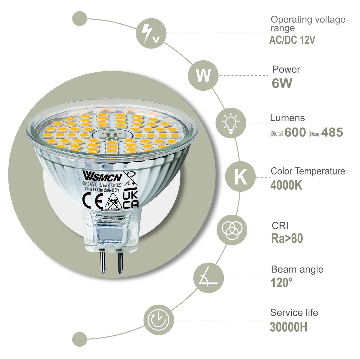 MR16 GU5.3 LED Bulbs 6W Replace 60W Halogen Equivalent 4000K Neutral White 485Lm, 12V Low Voltage Non-Dimmable 120° Flicker-Free Spotlight