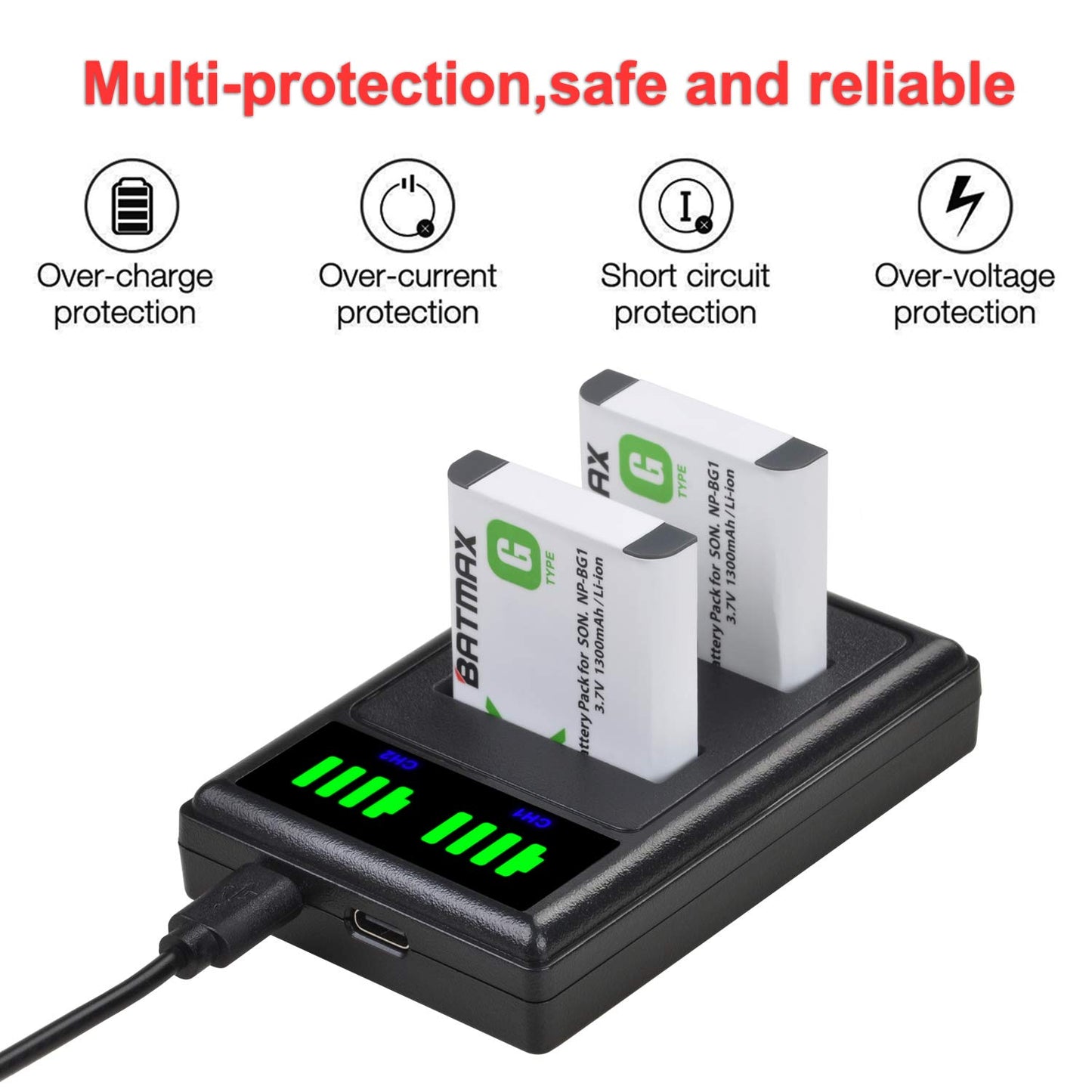 Batmax 2pcs NP-BG1 Battery + LED USB Dual Charger with Type C Port for Sony NP-BG1 SONY DSC-H3 DSC-H7 DSC-H9 DSC-H10 DSC-H20 DSC-H50 DSC-H55 DSC-H70