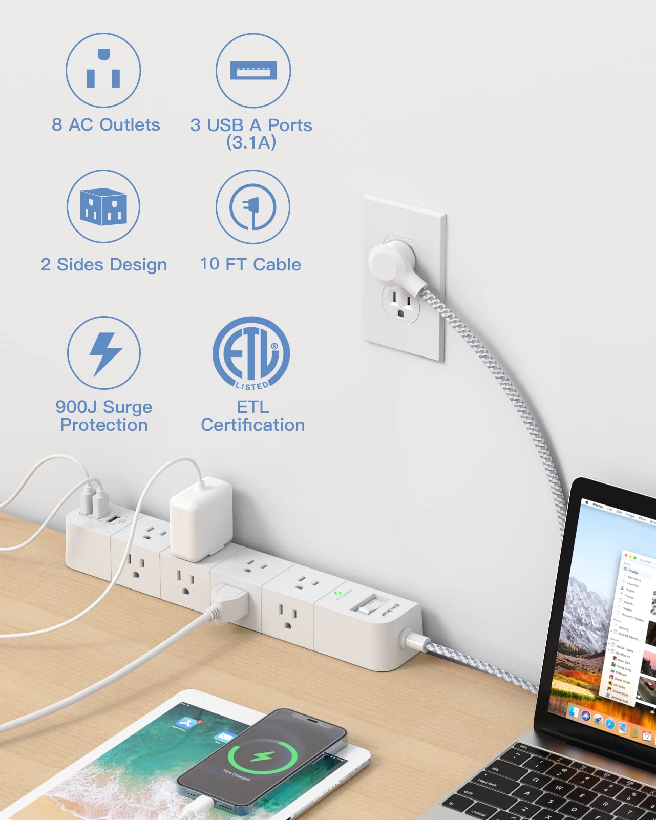 One Beat 10 ft Extension Cord,Power Strip Surge Protector 8 Widely AC Outlets 3 USB,Flat Plug,Desktop Charging Station with Overload Protection,Wall