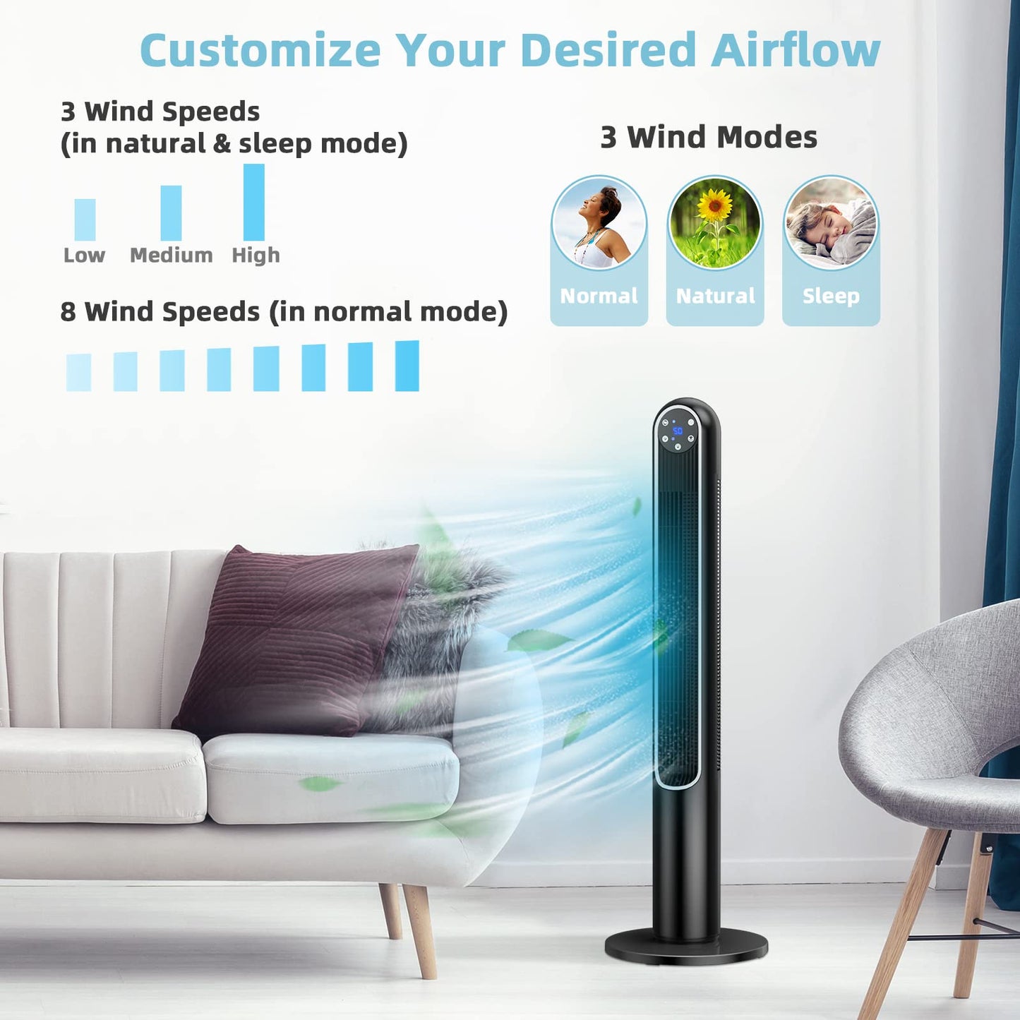 GORELAX Tower Fan with Remote, Portable Oscillating Fan w/8 Speeds & 3 Modes, 12H Timer, LED Display, 42” Tall Quiet Standing Floor Fan, ventilateur