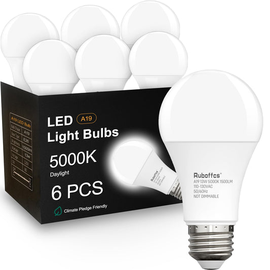 Ruboffcs 6 Packs A19 LED Light Bulbs,Daylight 5000K,100 Watt Equivalent