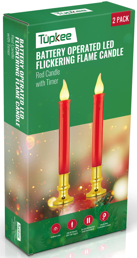 Tupkee Red LED Window Candles - Set of 2 Battery-Operated Flameless Christmas Candles with Flickering Flame & Timer for Holiday Window & Home Home