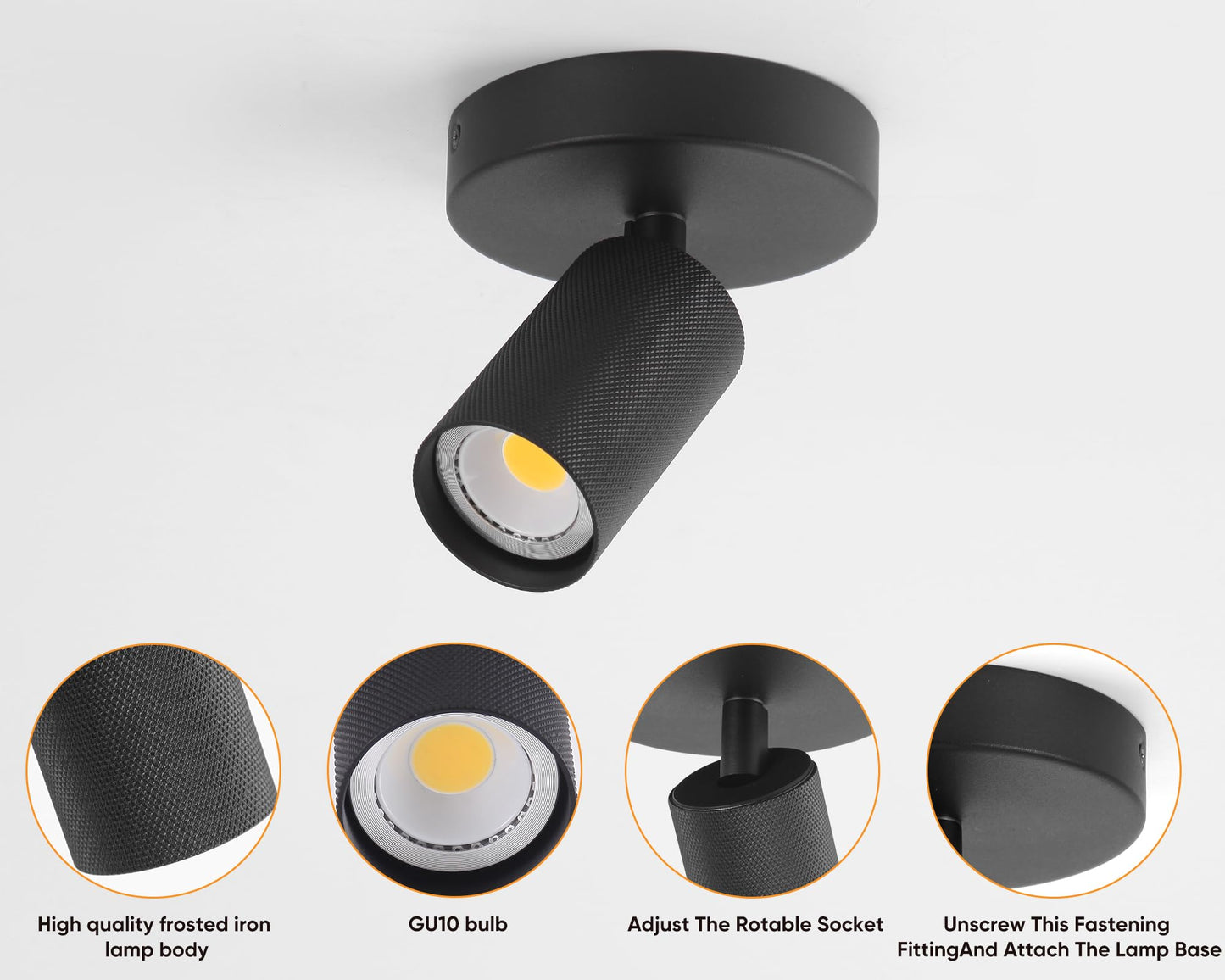 NatureLamp Black Ceiling Spotlight Indoor Adjustable 1-Light Track Lighting with Flexibly Rotatable Light Head for Bedroom, Kitchen, GU10 Bulb not