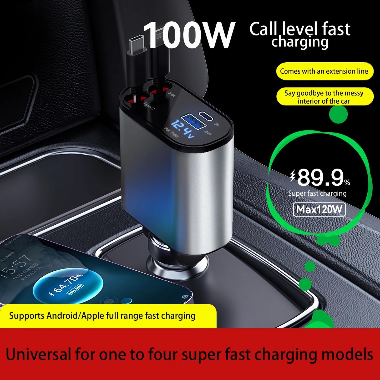 Retractable 4 in 1 Fast Charging 100W Phone Charger, Retractable Cables (80cm) with Dual Type-C Charging Ports, USB C Ports Car Adapter Compatible