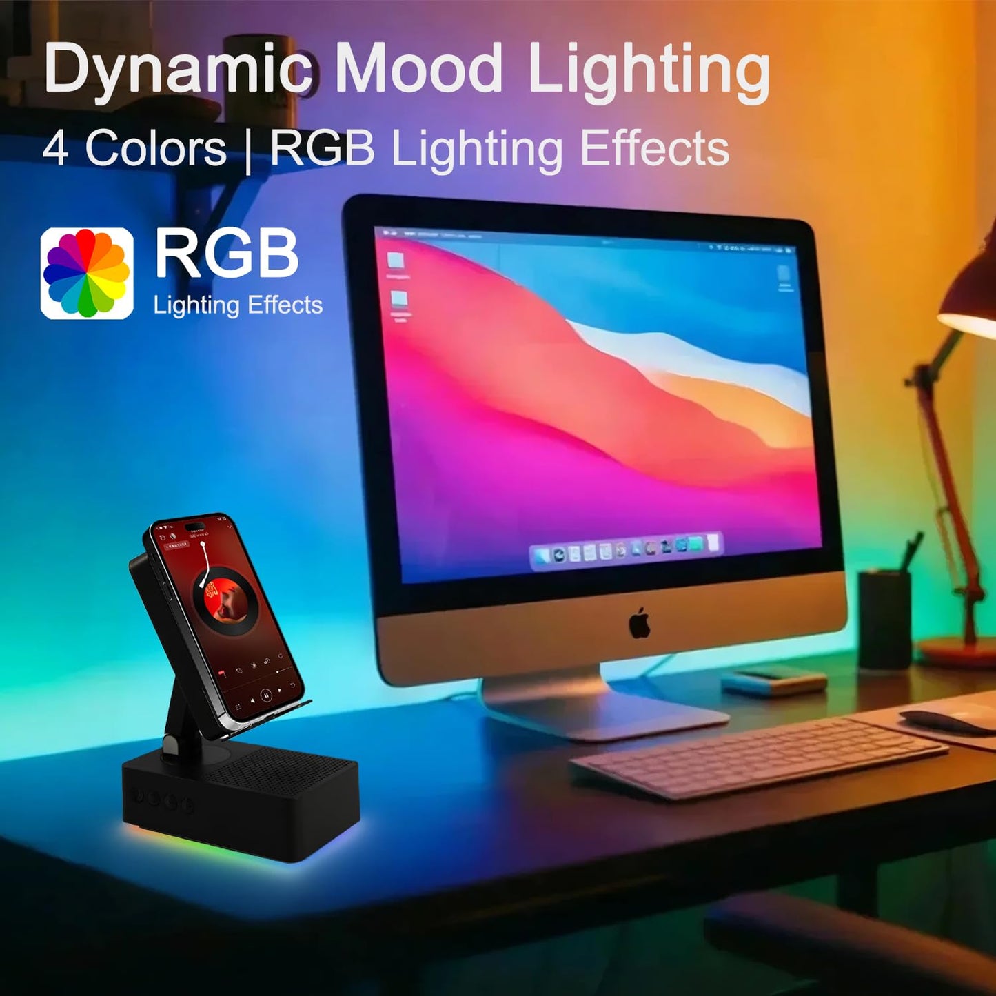 TuneEIf Wireless Induction Bluetooth Speaker, 5-in-1 Foldable Phone Holder, 1500mAh Emergency Charging, Colorful LED Ambient Light, Tech Gadgets Gifts