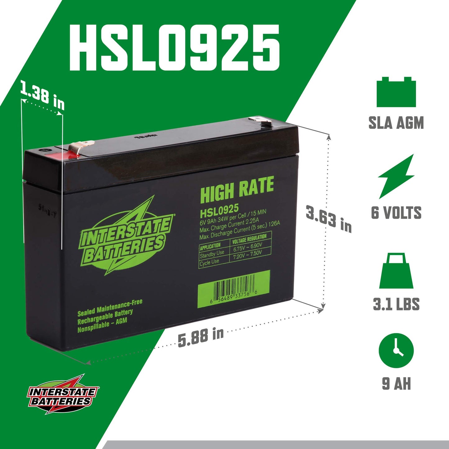 Interstate Batteries 6V 9Ah High Rate Battery (F2 Terminal) SLA AGM VRLA Rechargeable Replacement for UPS Backup Power, Cranking Systems, Lighting…
