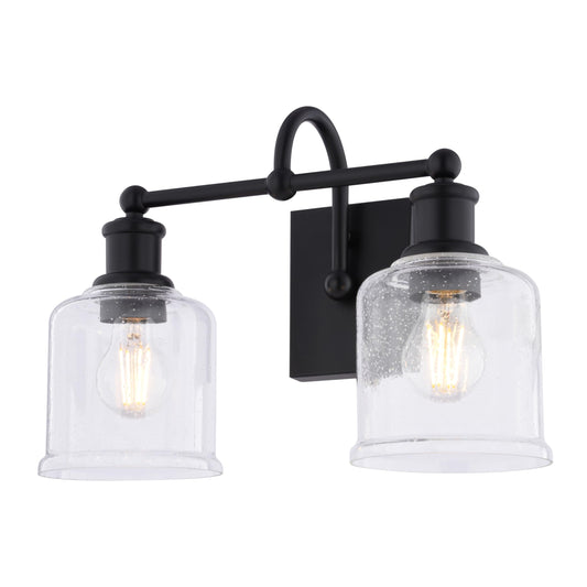VAXCEL Northbrook 2-Light 16 in. Wide Matte Black Traditional Bathroom Vanity Lighting Fixture, Clear Seeded Glass Shade, Dimmable, LED Compatible