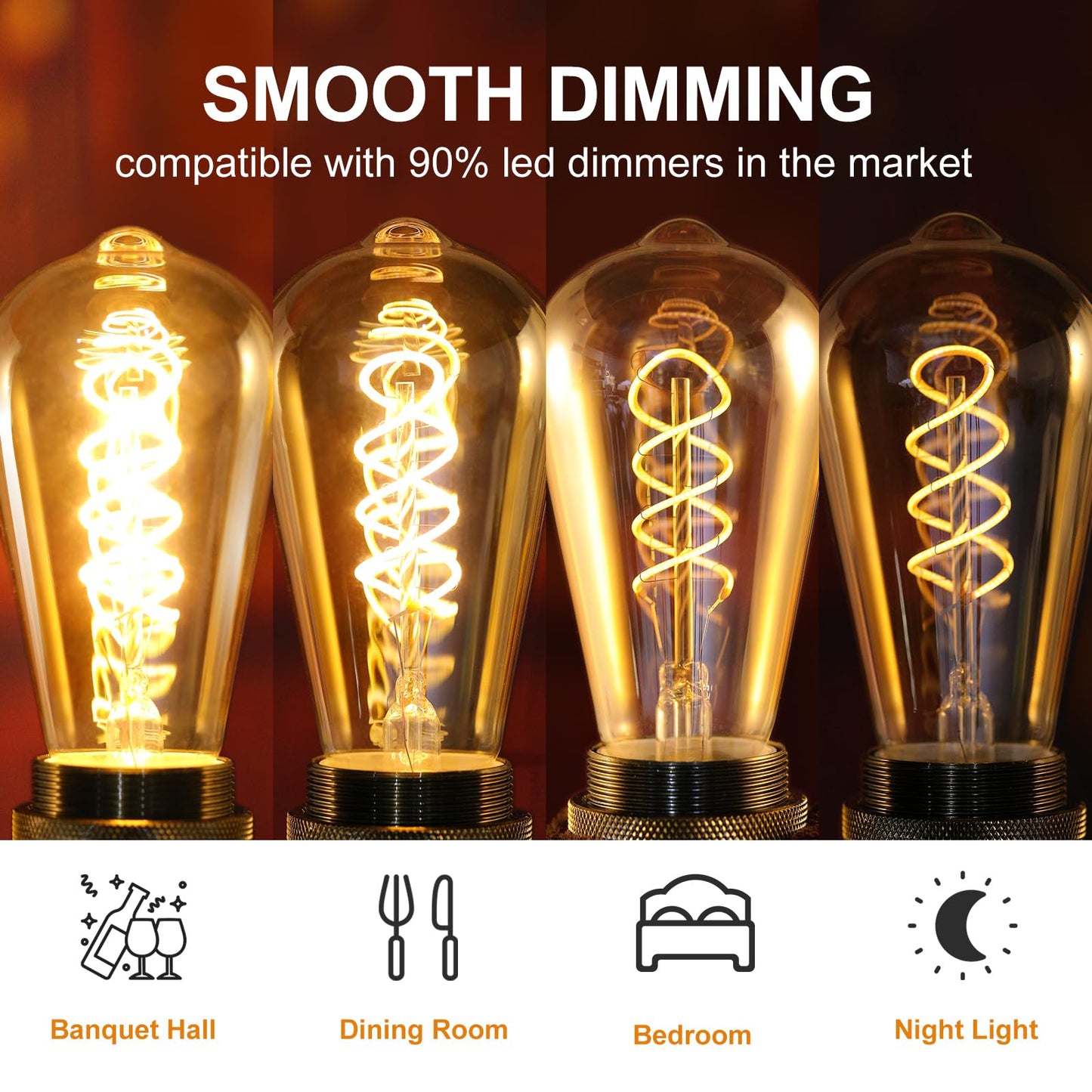 Decoaui ST64 LED E26 Vintage Edison Light Bulbs, Light Amber Glass, Dimmable, 4W(40W Equivalent) 300 Lumens, 2500K Warm White, Spiral Filaments