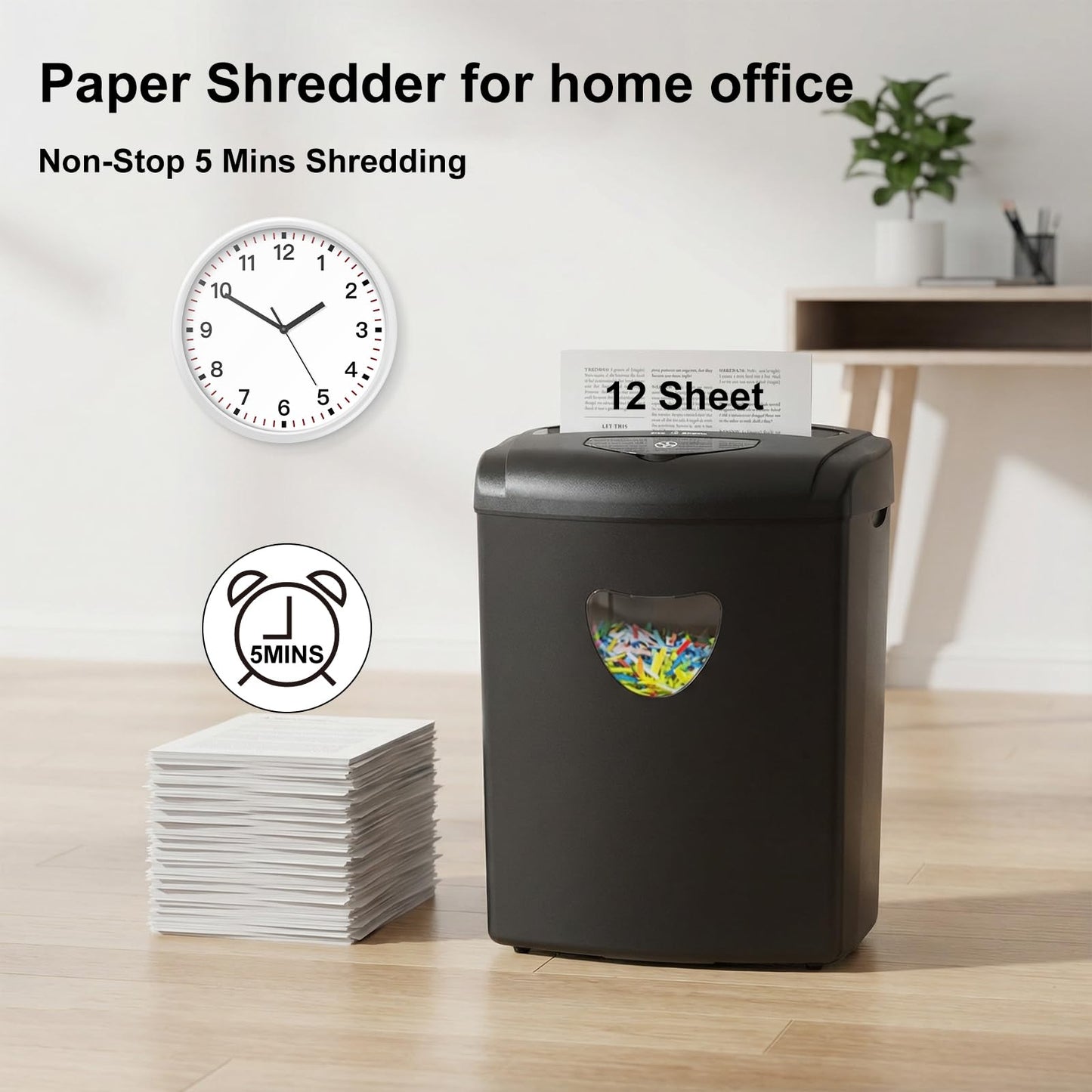 Woolsche 12-Sheet Cross Cut Paper Shredder with Large 5.55-Gallon Basket - P-4 Security, 3-Mode Shred for Cards/CDs/Staples/Clips - Jam Proof System