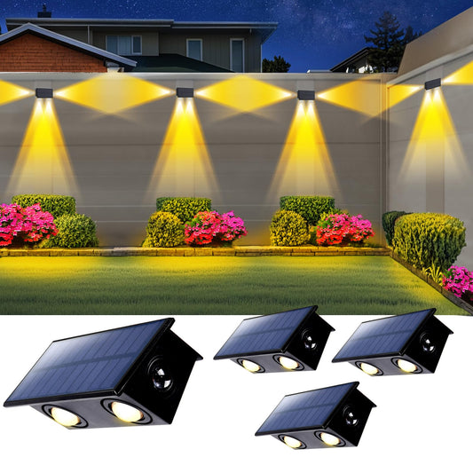 POLIGHTY 4 Pack 3-Side Solar Fence Lights Outdoor Waterproof with Warm White LED Spot Lens, for Wall, Deck, Patio, Yard, Rail, Garage, Pool, Designed