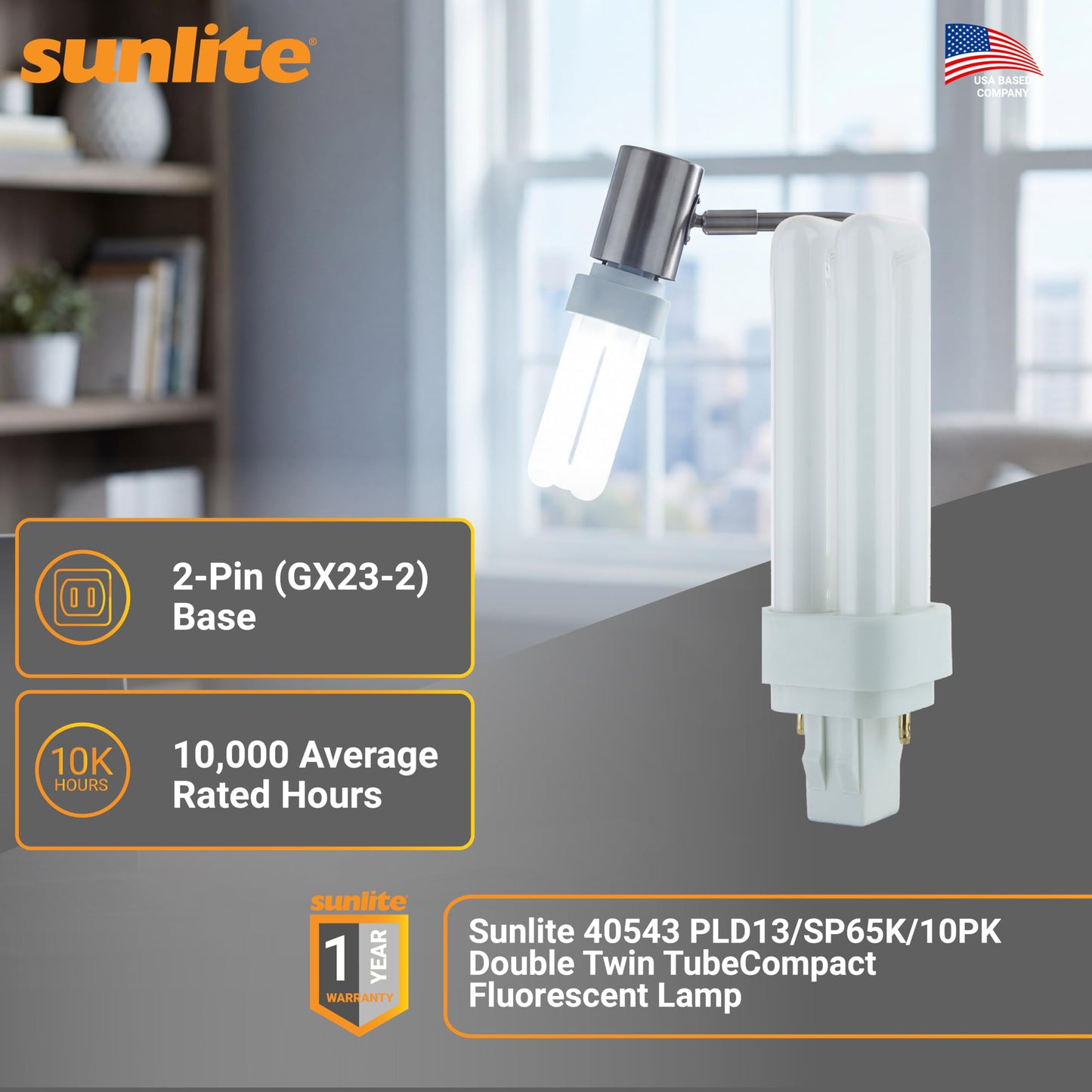 Sunlite 40543 PLD13/SP65K/10PK Double Twin Tube Compact Fluorescent Lamp, PLD 2-Pin, 13 Watts, 660 Lumens, 6500K Daylight, 2-Pin (GX23-2) Base, 10