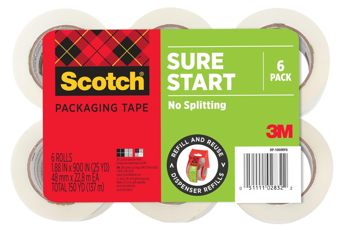 Scotch Sure Start Packing Tape, Clear, Quiet Unwind and Easy Start, 1.88 in. x 25 yd., 6 Tape Rolls, Designed for Packing, Shipping and Mailing, No