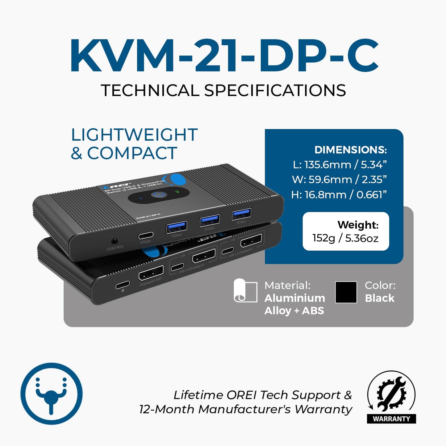 OREI 8K KVM Switch - DisplayPort Switch 2 in 1 Out, USB-C for 2 Computers, DisplayPort 1.4 KVM, KVM Switch 2 Computers 1 Monitor, Supports 4K 144Hz /