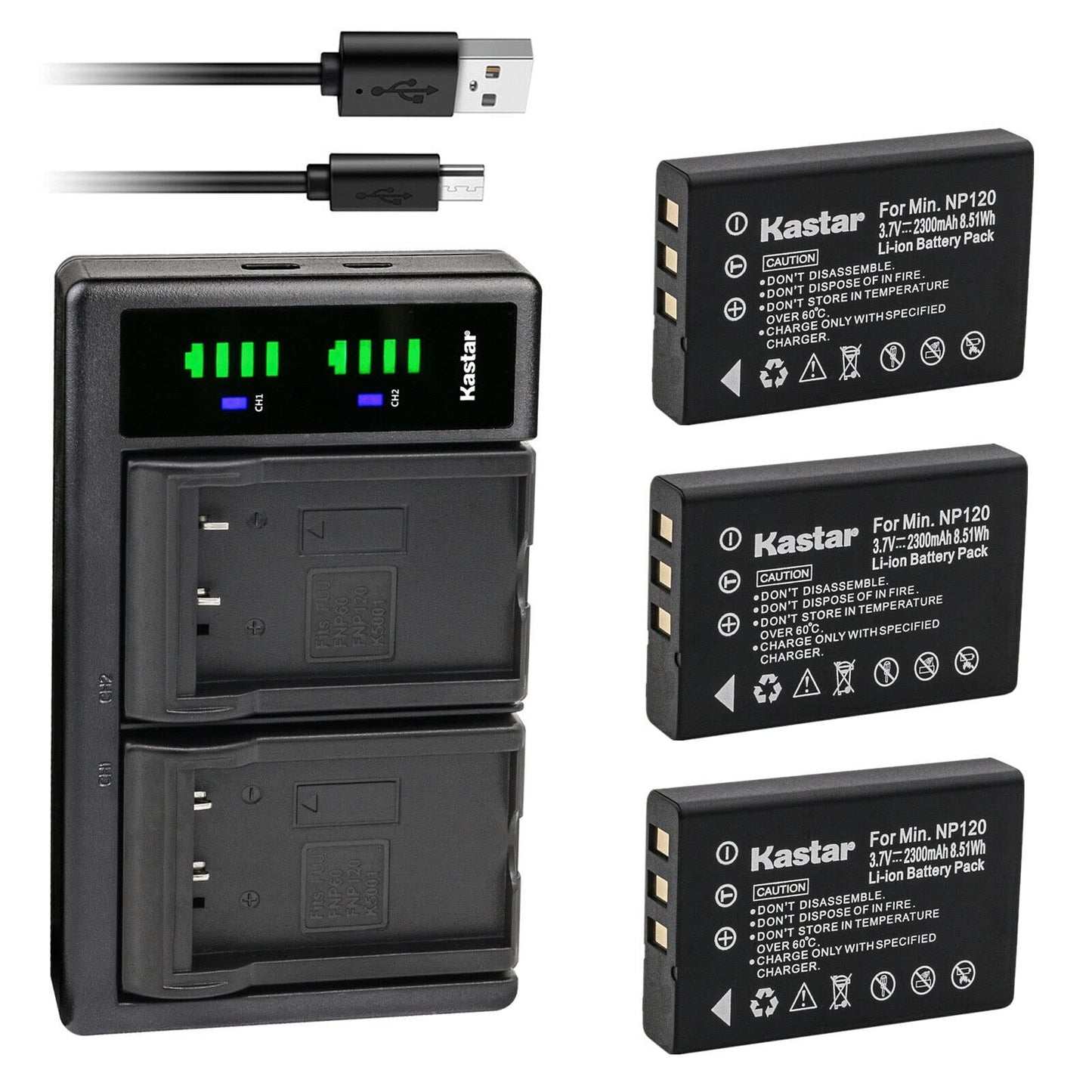Kastar 3-Pack NP-120 Battery and LTD2 USB Charger Replacement for Zohulu 4K Infrared Night Vision 24.0 Megapixel