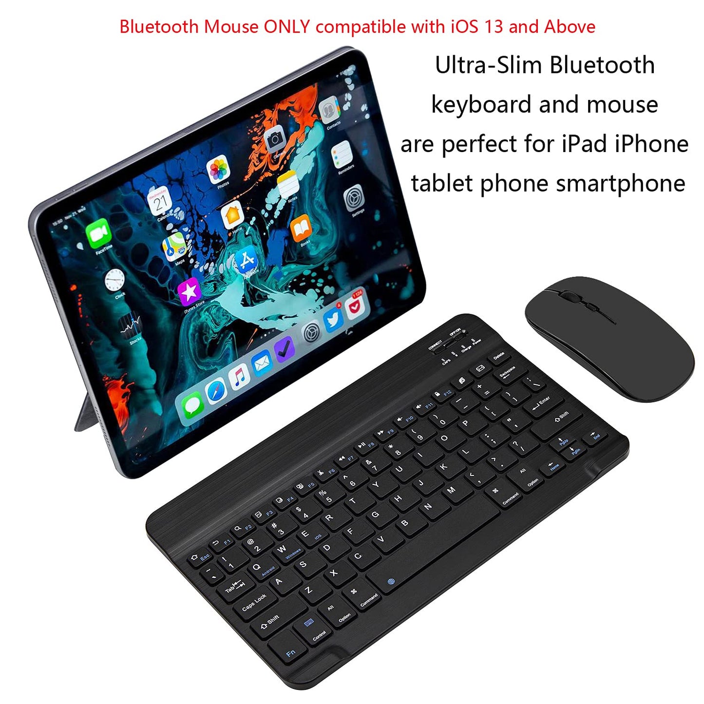 Ultra-Slim Bluetooth Keyboard and Mouse Combo Rechargeable Portable Wireless Keyboard Mouse Set for Apple iPad iPhone iPadOS/iOS 13 and Above Samsung