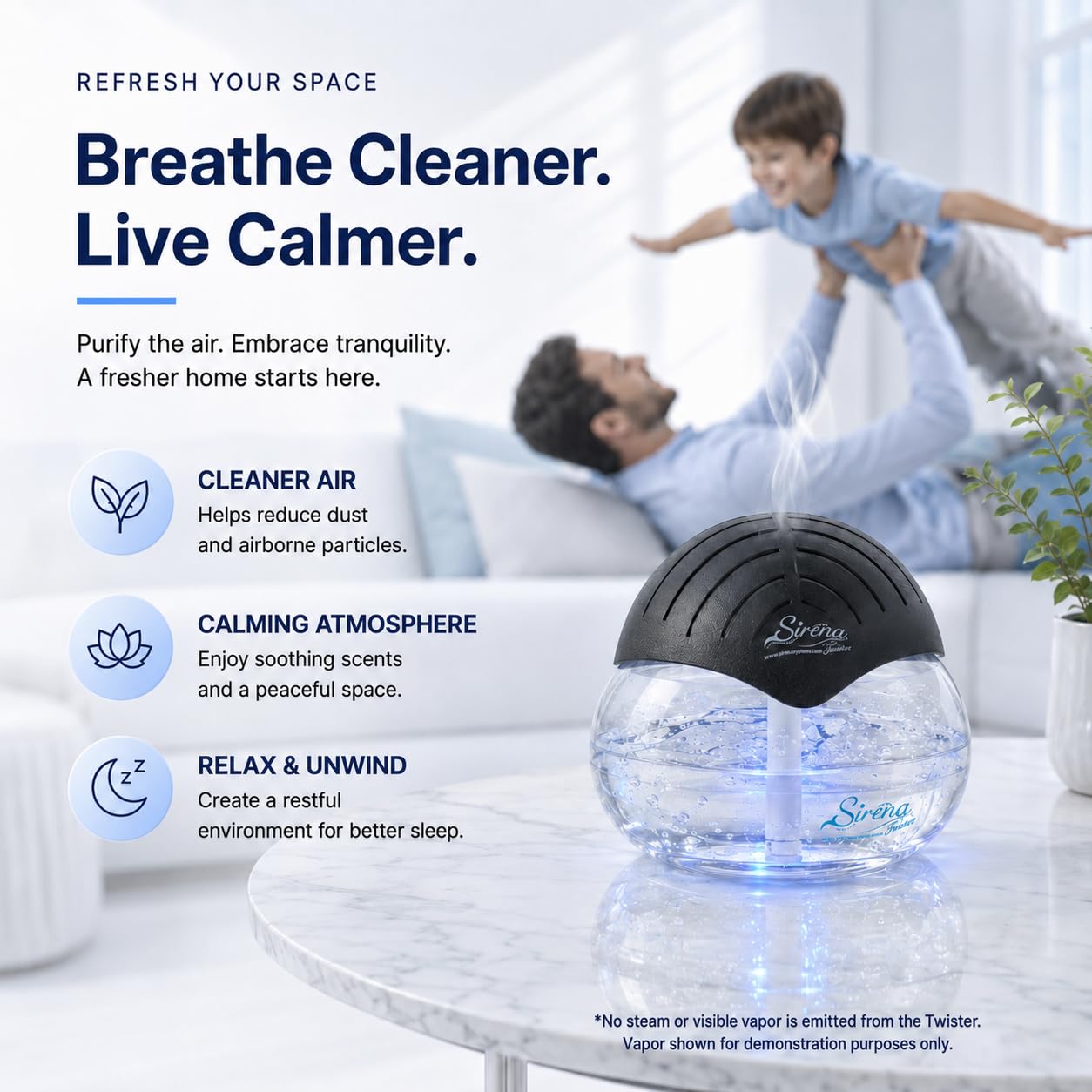 Sirena Twister Air Purifier (Black) - Water Filter Air Washer For Home and Office - Essential Oil Aroma Diffuser With LED Night light - Small Air