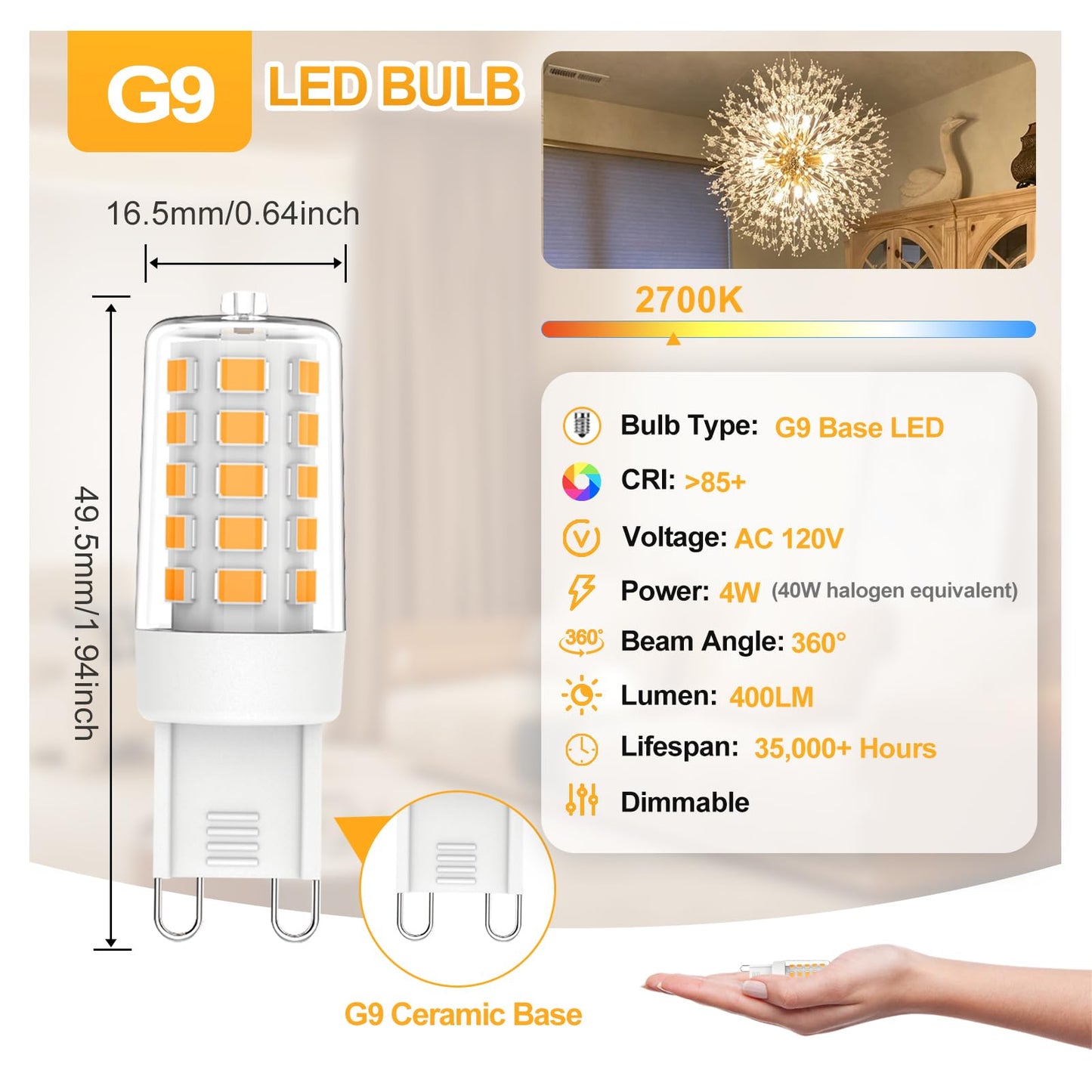 Chinnor G9 LED Bulb Dimmable, Warm White 2700K, 4W G9 Light Bulbs, 40W T4 Halogen Equivalent, Bi Pin Base G9 Chandelier Lighting, No-Flicker 360°Beam