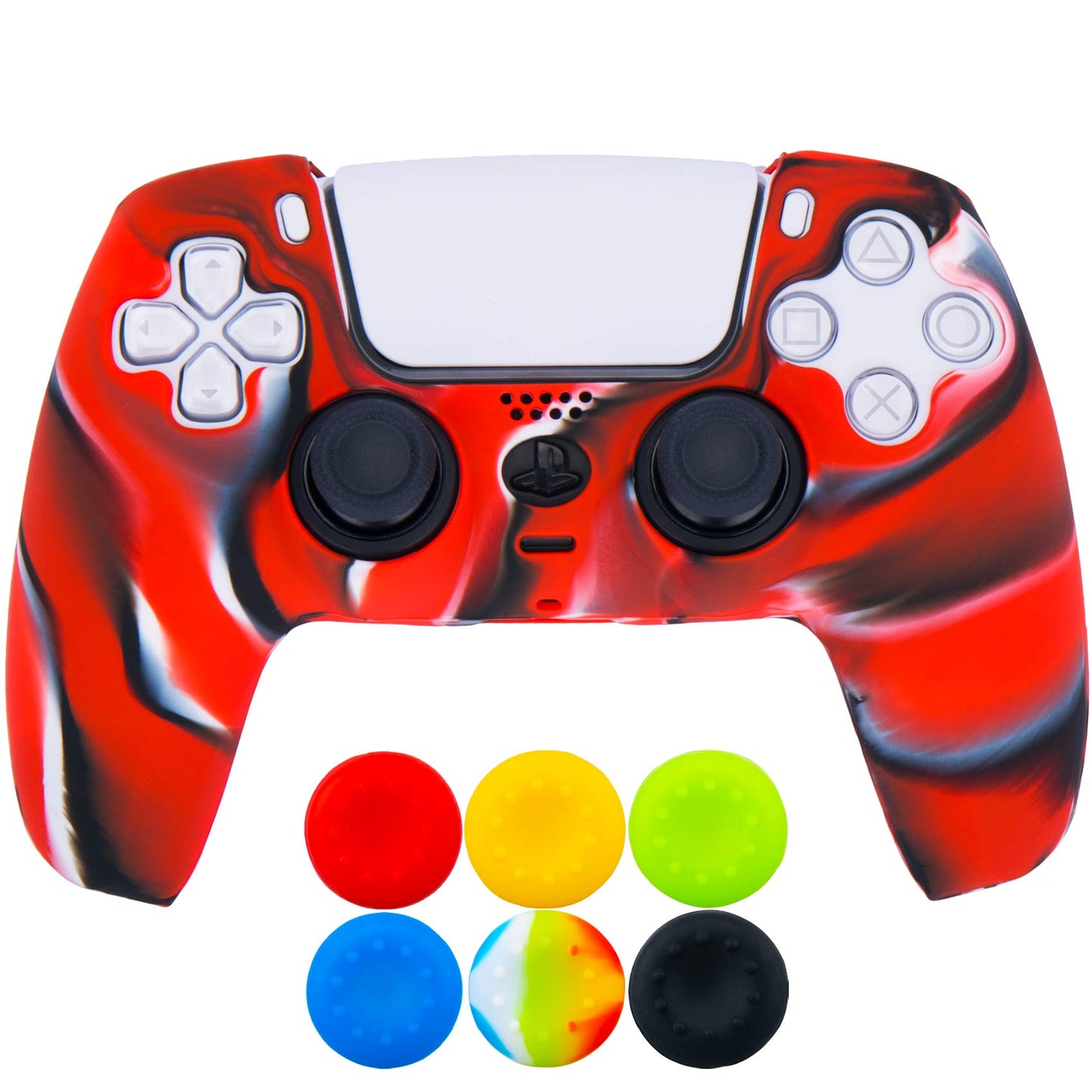 9CDeer 1 Piece of Silicone Protective Thick Cover Skin + 6 Thumb Grips for PS5 Controller Camouflage Red