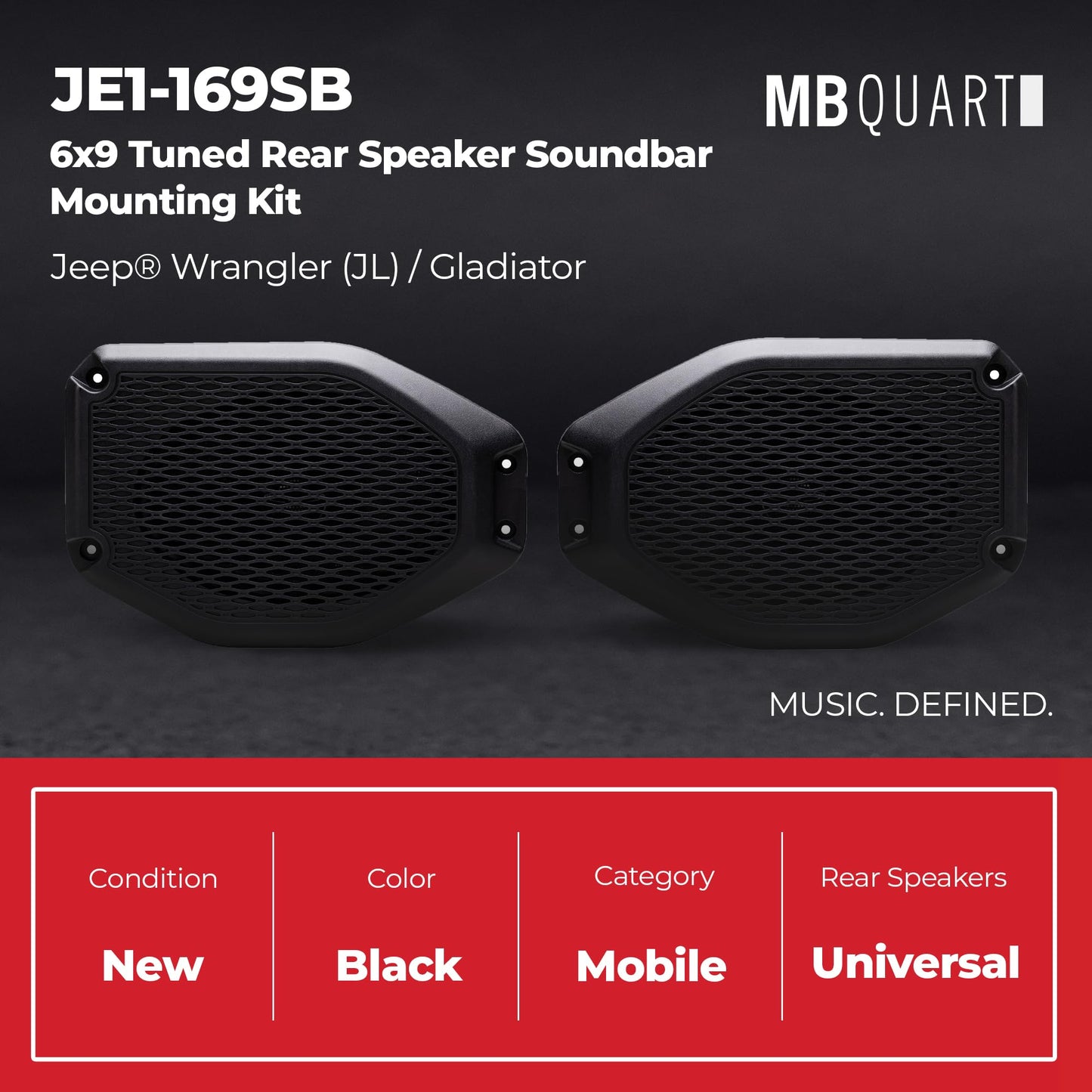 MB Quart 6x9 Inch Rear Speaker Soundbar Mounting Kit for Jeep Wrangler JL 2018-2023 and Jeep Gladiator JT 2020-2023, Requires 6x9" Speakers