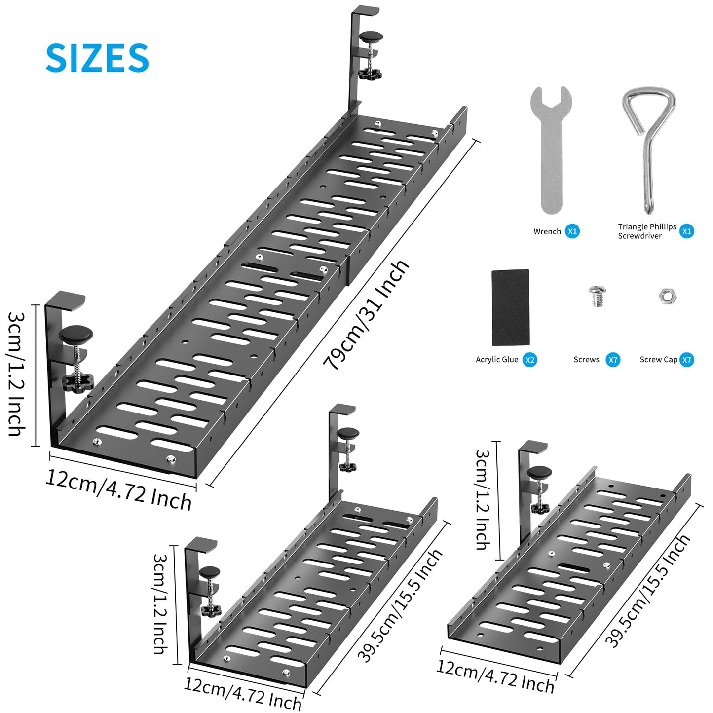 WIGAKDRU 31Inch Extendable Under Desk Cable Management Tray, Black Metal Cable Management Tray Under Desk Cord Management with Clamp, 31 Inch x 4.33