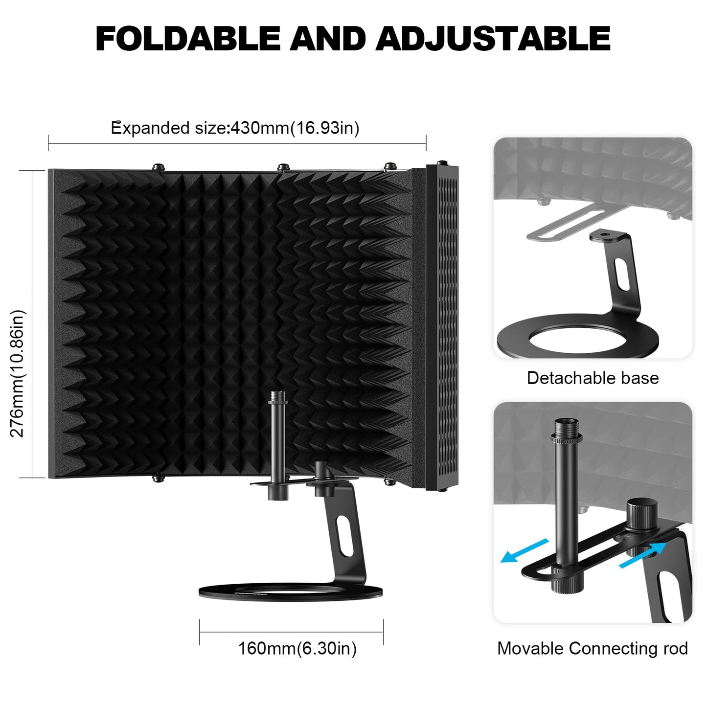 Aokeo Microphone Isolation Shield, Foldable Mic Shield with Triple Sound Insulation, Reflection Filter with 3/8" and 5/8" Mic Threaded Mount for