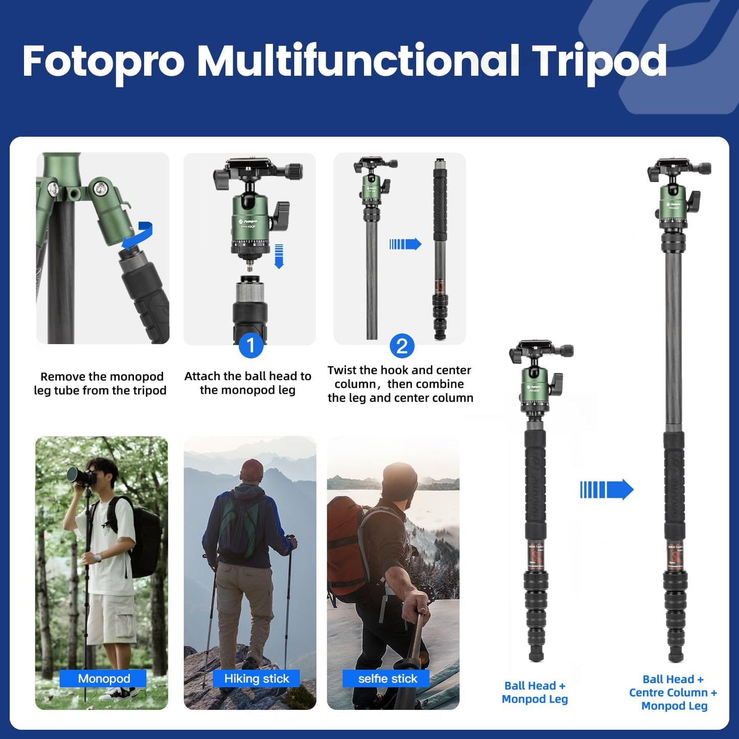 Fotopro 60inch Carbon Fiber Tripod Compact Camera Tripod with Ball Head Quick Release Plate Detachable Monopod Load up to 17.63lbs X-go E 2 Carbon