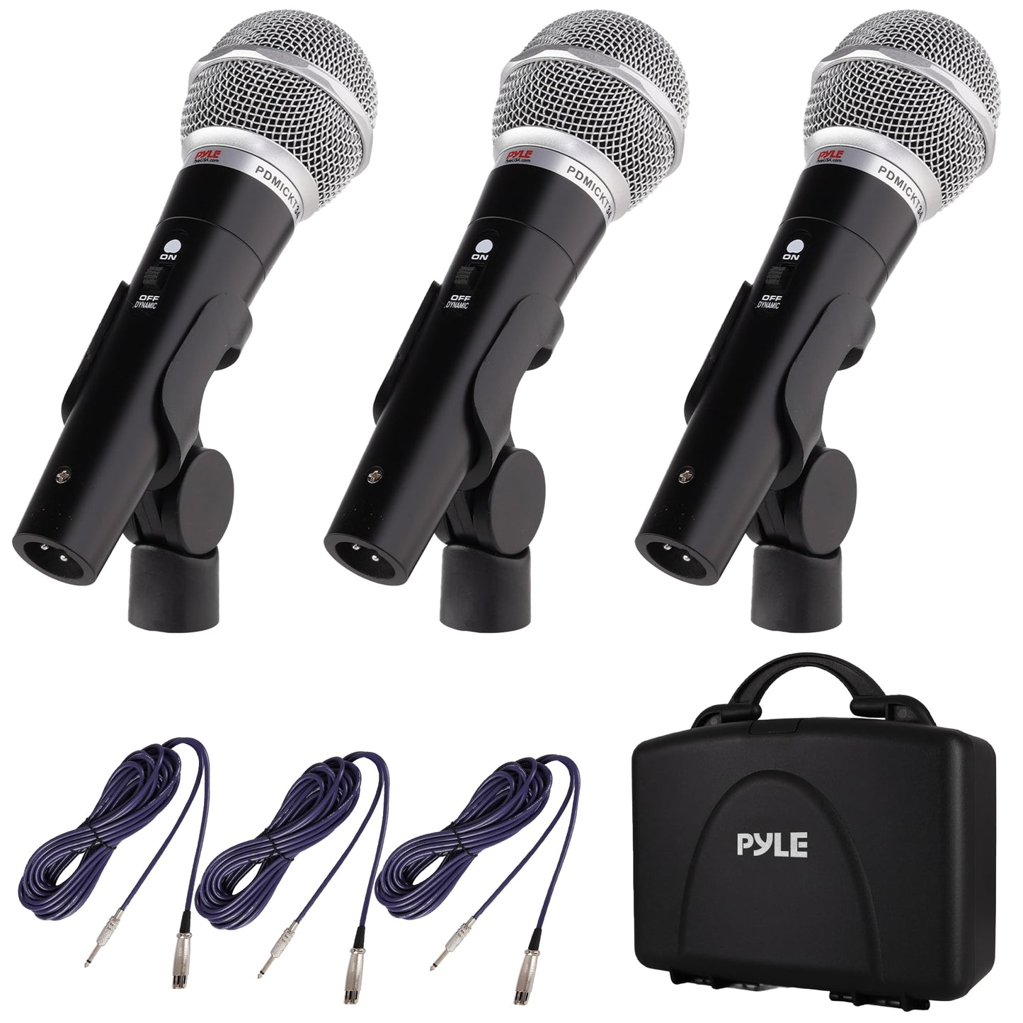 Pyle 3 Piece Professional Dynamic Microphone Kit Cardioid Unidirectional Vocal Handheld MIC with Hard Carry Case & Bag, Holder/Clip & 26ft XLR Audio