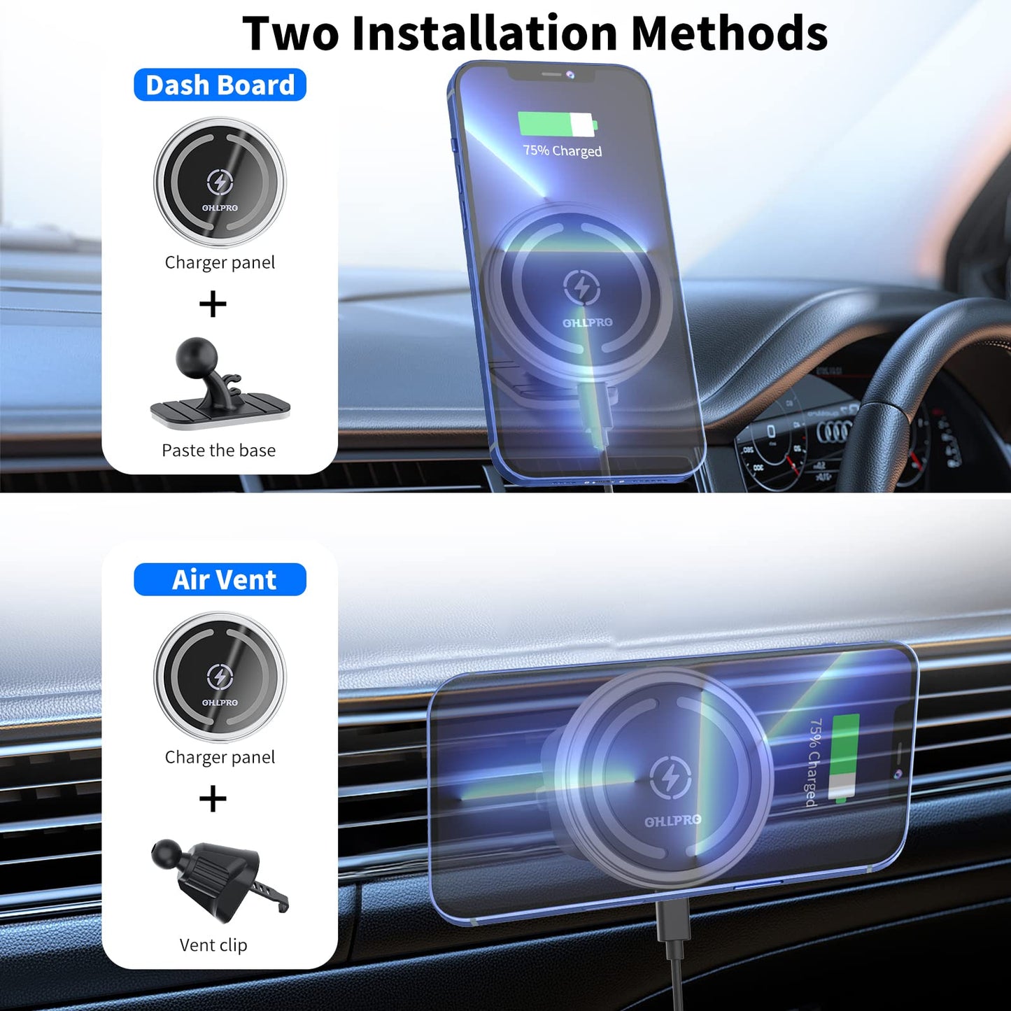 OHLPRO for MagSafe Car Mount Charger iPhone Wireless Car Charger, Stick on Dashboard Magnetic Phone Holder Mount for iPhone 17 Pro Max 16 15 14