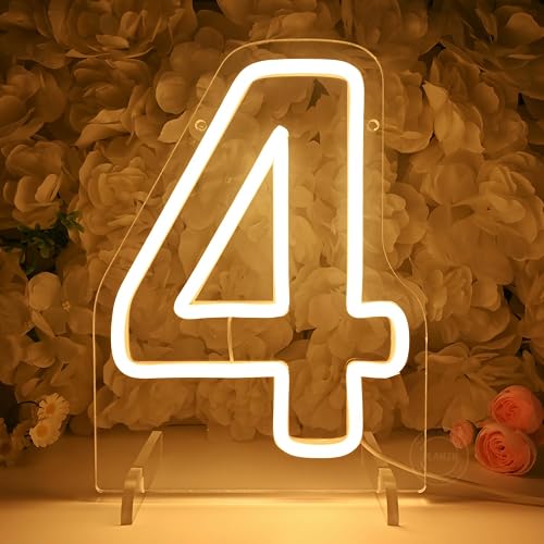 Planzo 4 Four Led Neon Sign Light 4th Four Years Old Birthday Baby Cave Backdrop Bedroom Desk Table Wall Sign Decor Banner Wedding Party Decor Gifts