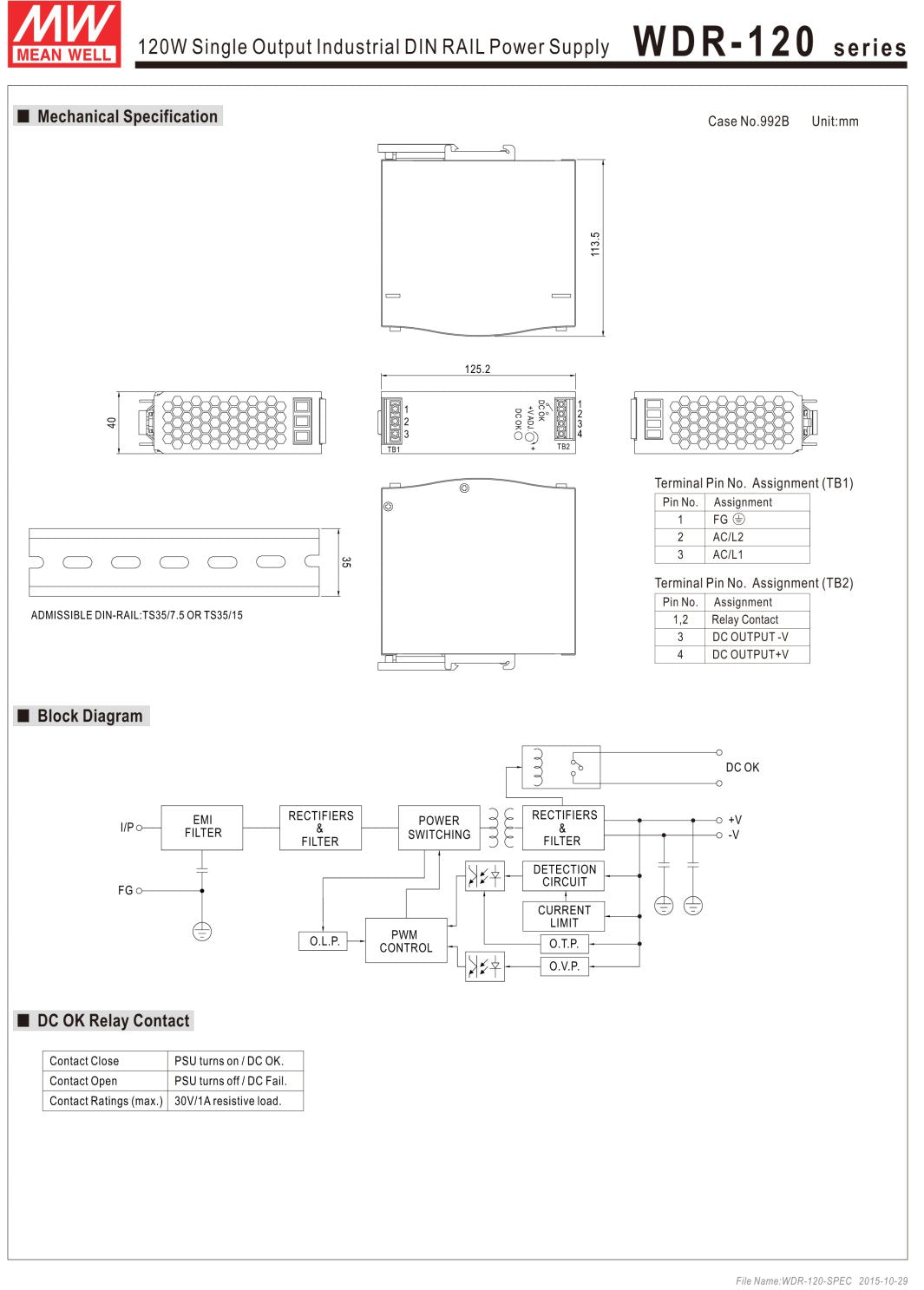 Mean Well WDR-120-24 Industrial DIN Rail Power Supply, Single Output 24VDC, 5A, 120W