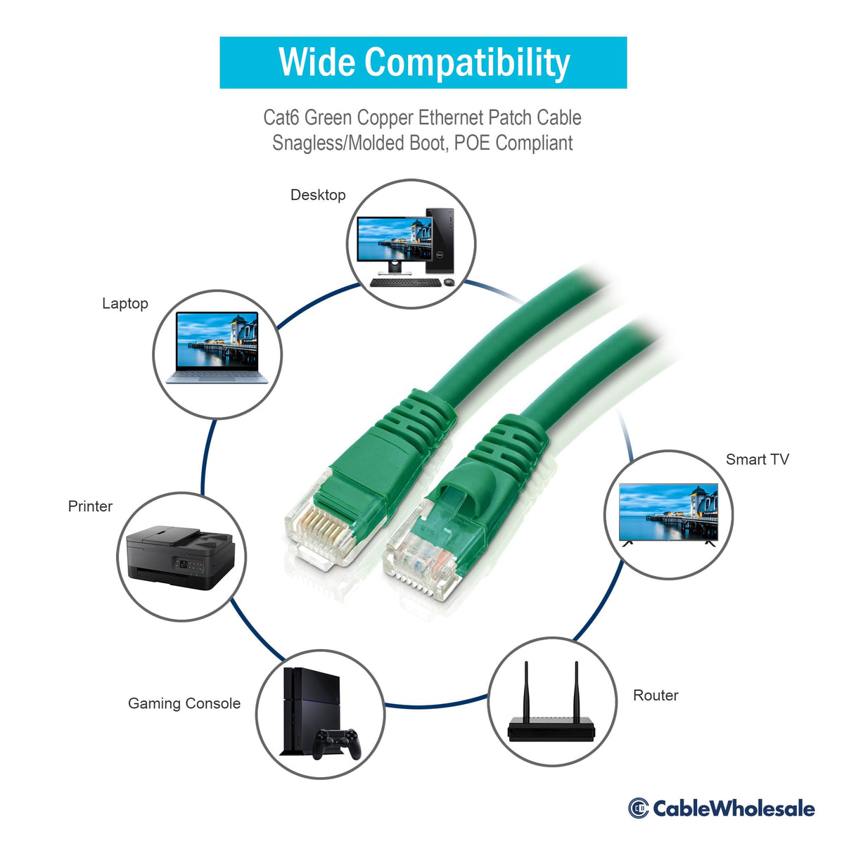 CableWholesale Cat6 UTP Ethernet Cable, Snagless Boot, PoE, 50 ft, Green