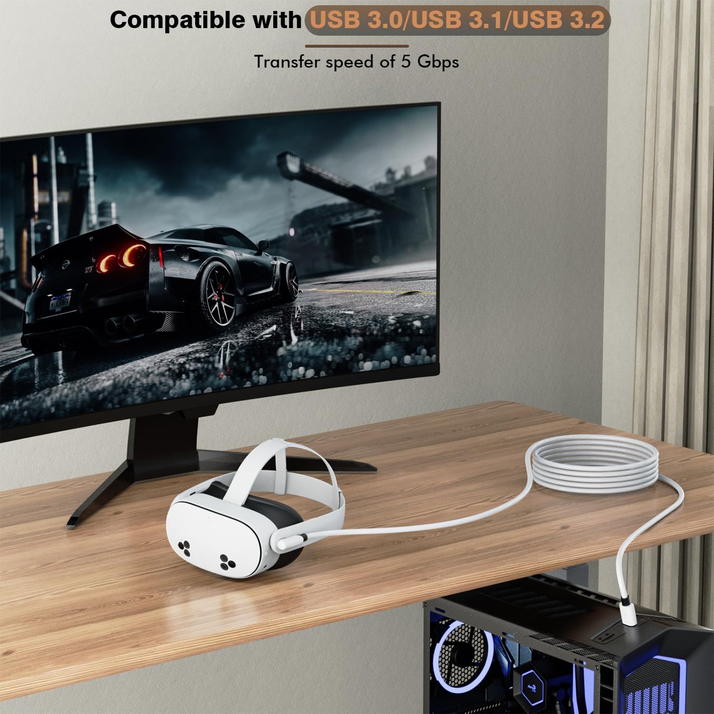 16 Feet Link Cable for Quest 3S,VR Cable Compatible with Meta Quest 3S/Quest 3/Oculus Quest 2/Pico 4 Accessories and PC/Steam VR,16FT USB 3.0 to USB C