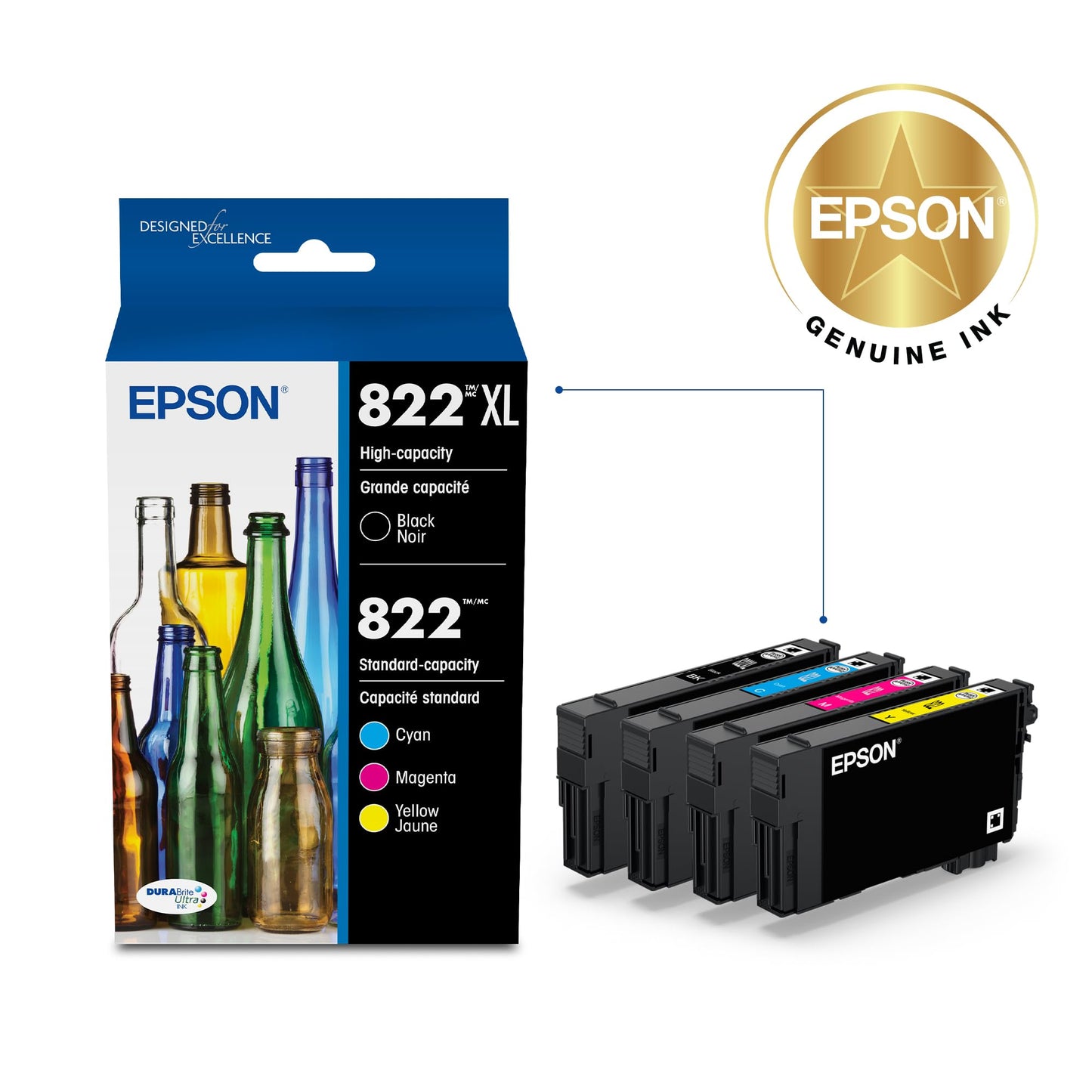 EPSON 822 DURABrite Ultra Ink High Capacity Black & Standard Color Cartridge Combo Pack (T822XL-BCS) Works with WorkForce Pro WF-3820,3823, 4820