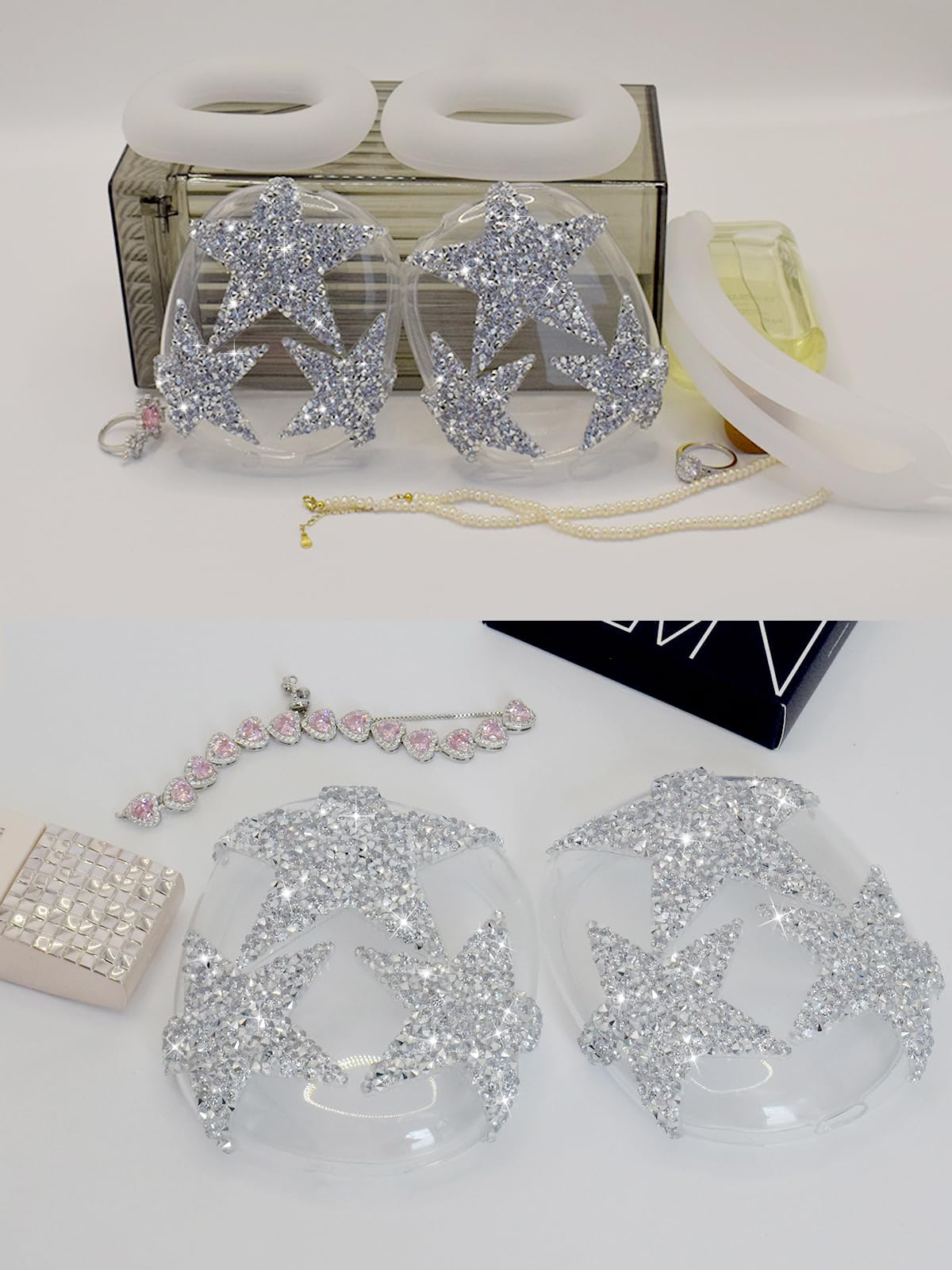 3 in 1 Bling Case Cover for AirPod Max, Clear TPU Glittering Rhinestones Stars Protective Ear Cups Covers Silicone Earpad Headband Covers Compatible