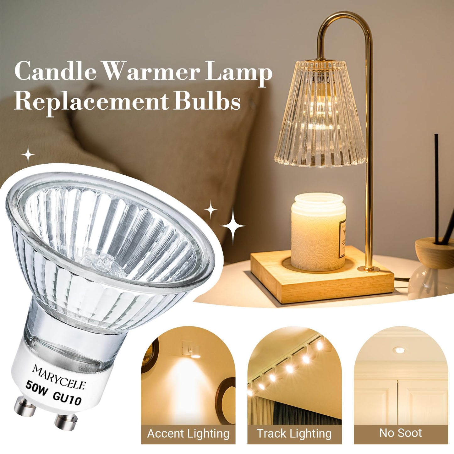 Marycele Halogen Light Bulbs for Candle Warmer Lamp, 6 Pack GU10 120V 50W MR16 Dimmable Warm Light Halogen Bulbs 2 Pin with Long Lifespan, Candle