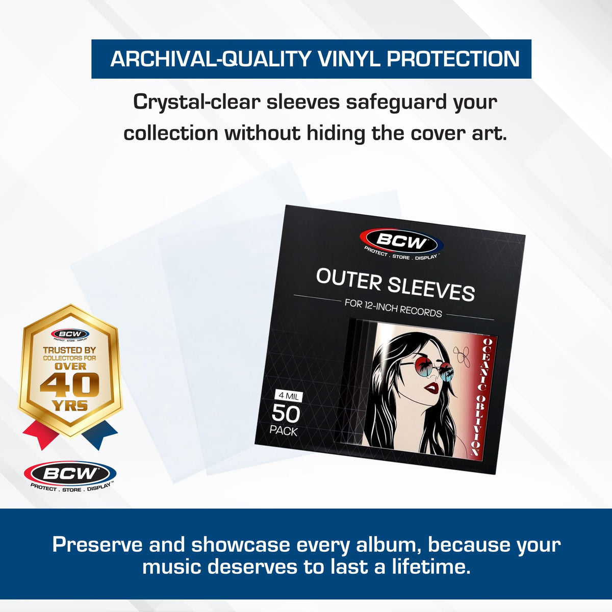 BCW 12-Inch Record Sleeves - 4 Mil Blue-Tinted (50 ct) | Archival Anti-Static Vinyl Record Outer Sleeves | Protects 12" LP Jackets from Fading & Wear