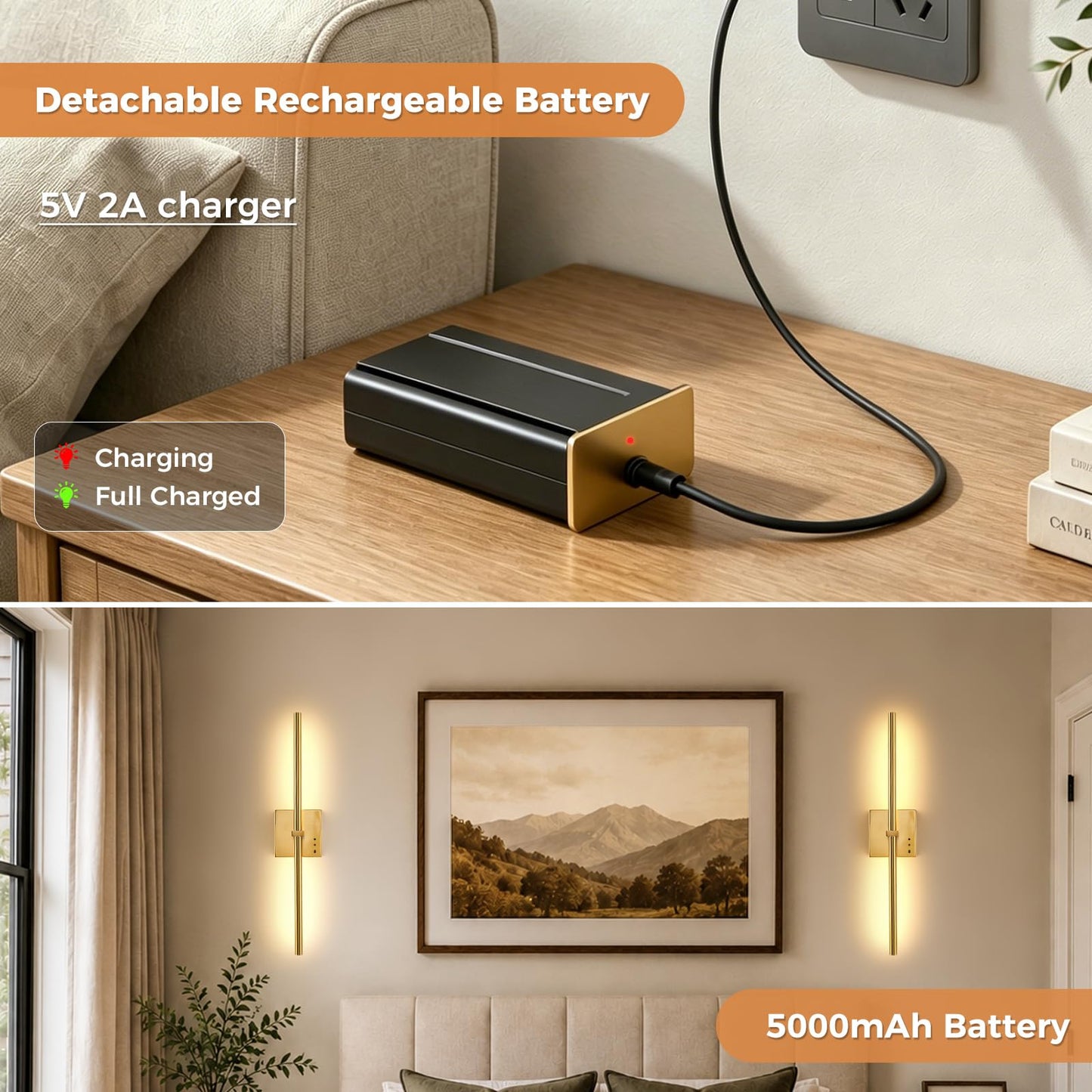 JUSHENG 5000mAh Battery Operated Wall Sconce, 3000K/4000K/6000K Dimmable Brass Cordless Rechargeable Wall Sconces Set of Two with Timer Function